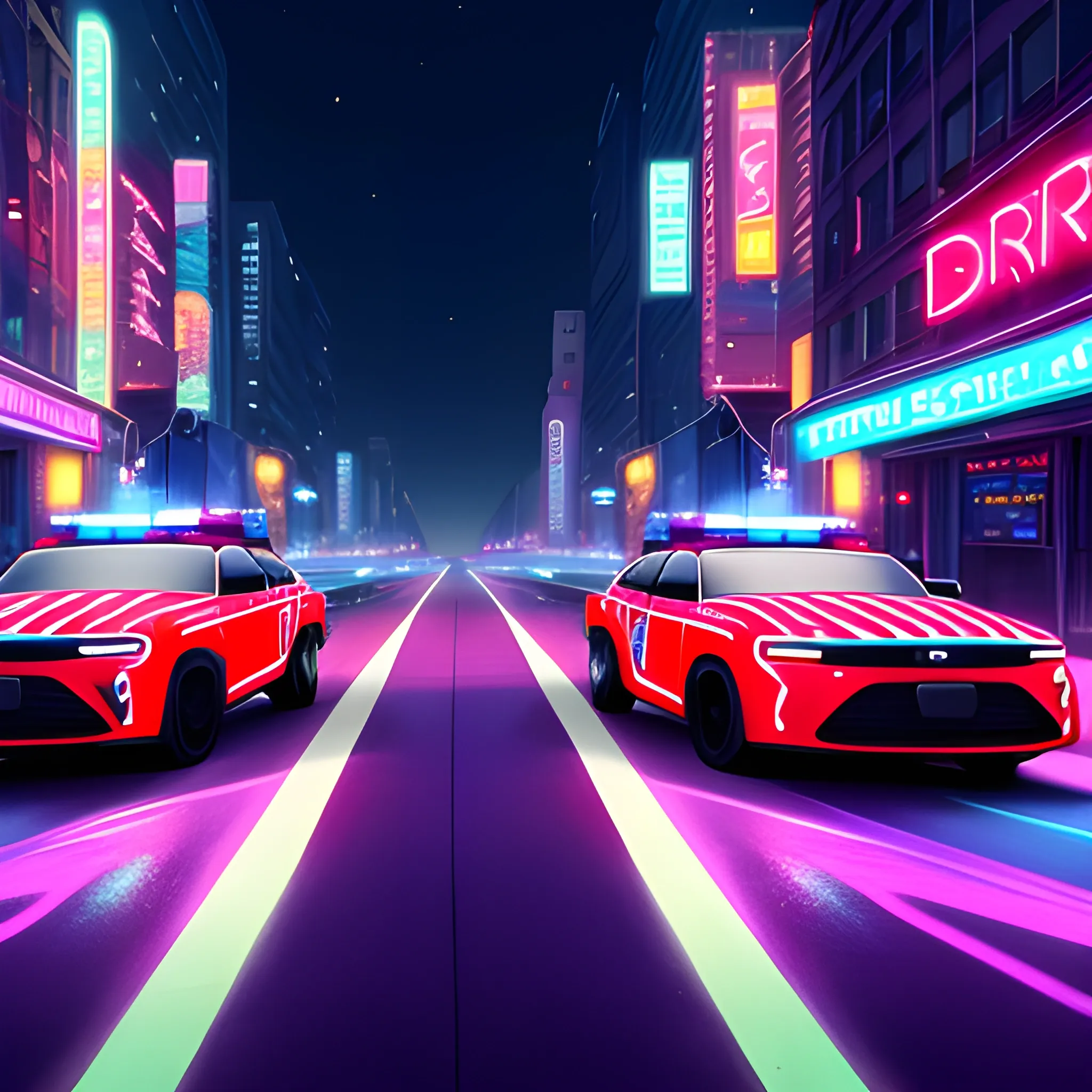 two cars making donuts around a police car, 4k HD, rose, night on the city, neon light., 