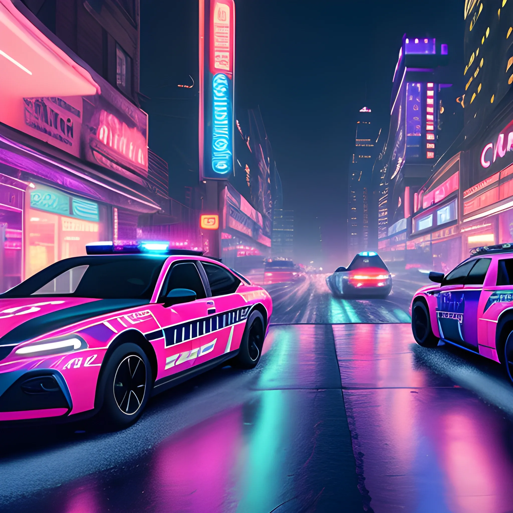 two cars making donuts around a police car, 4k HD, rose, night on the city, neon light., 