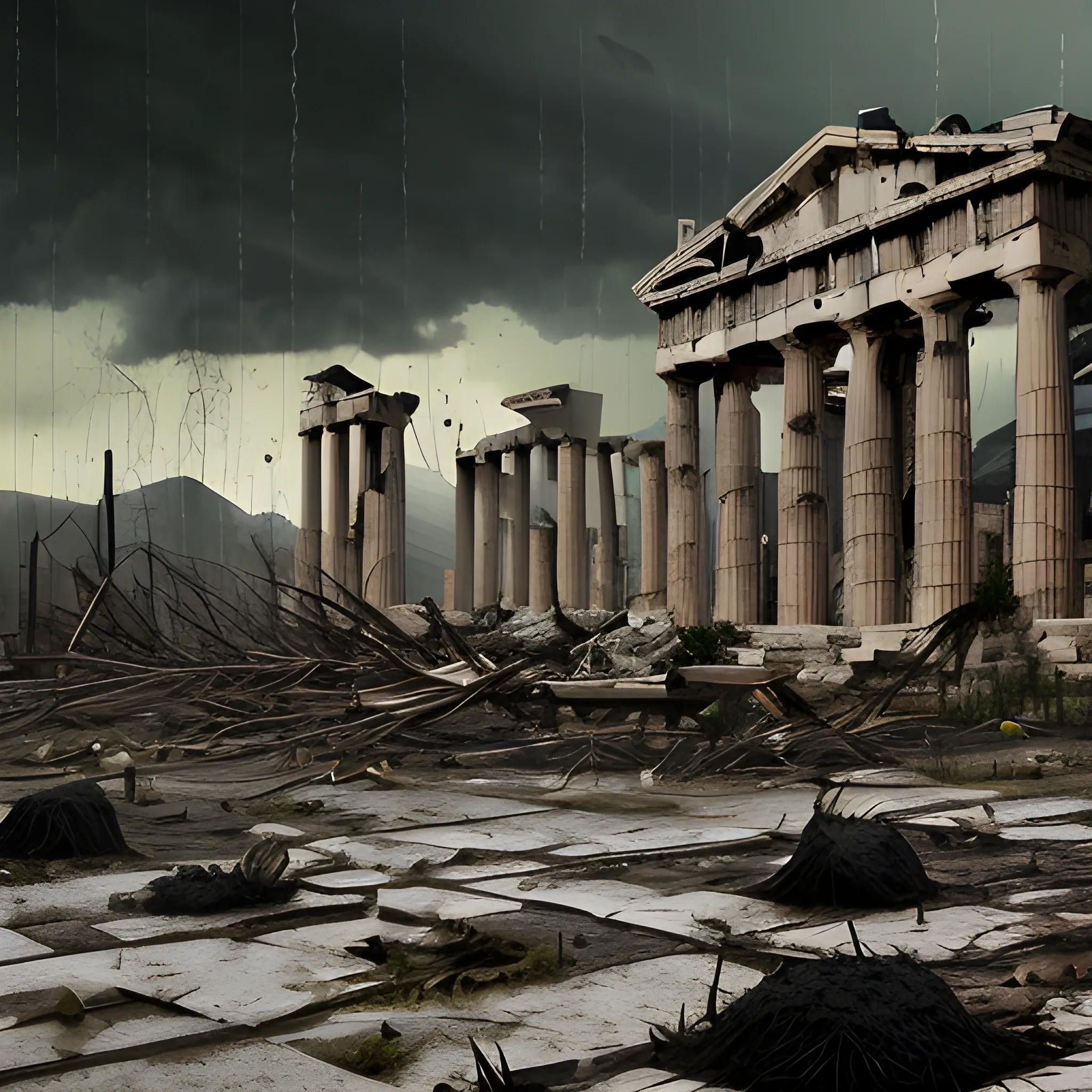 city of acropolis, on a high mountain, year 479 and 447 a. C., mountain in the heights, city in the skies, mountains, destroyed city, surrounded by clouds, gloomy environment, place of terror, dim lights, destruction, putrefaction, night, darkness, dead vegetation, moor, rotten fauna, dry trees , burned grass, dead grass, sterile plants, burned trees, rain, rainy weather, storm, strong storm, wind raising sand, rainy environment, thunder, lightning, dim lights, water falling from the sky, terror, dark moon, darkness, ruins, destroyed, death, ancient greek architectural details, detailed environment, hyper realistic, destroyed city, decay, corroded construction, destroyed, rubble in the streets, destroyed houses, corpses, 8k details, wide angle, 3D, panoramic view, slasher style