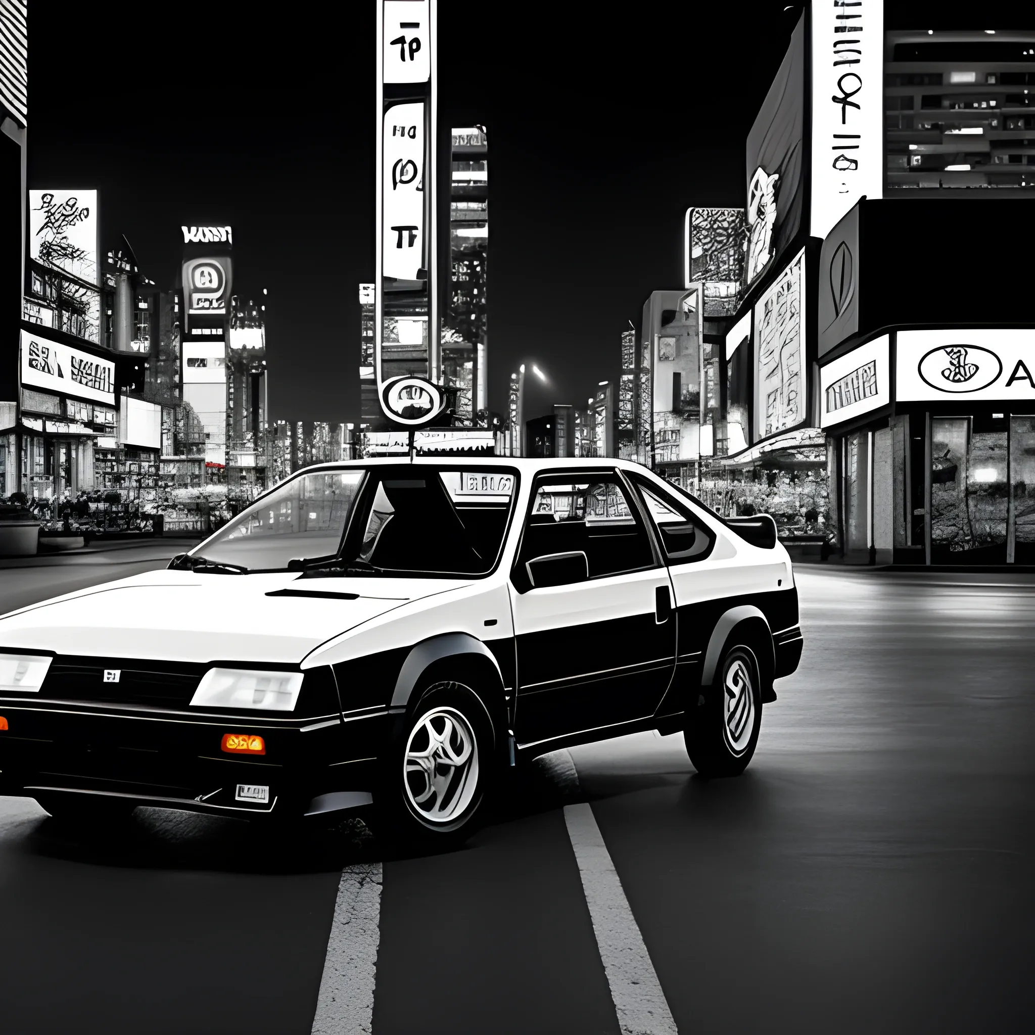 Iconic Toyota trueno black and white, 4k HD, rose, night on the city, neon light., 