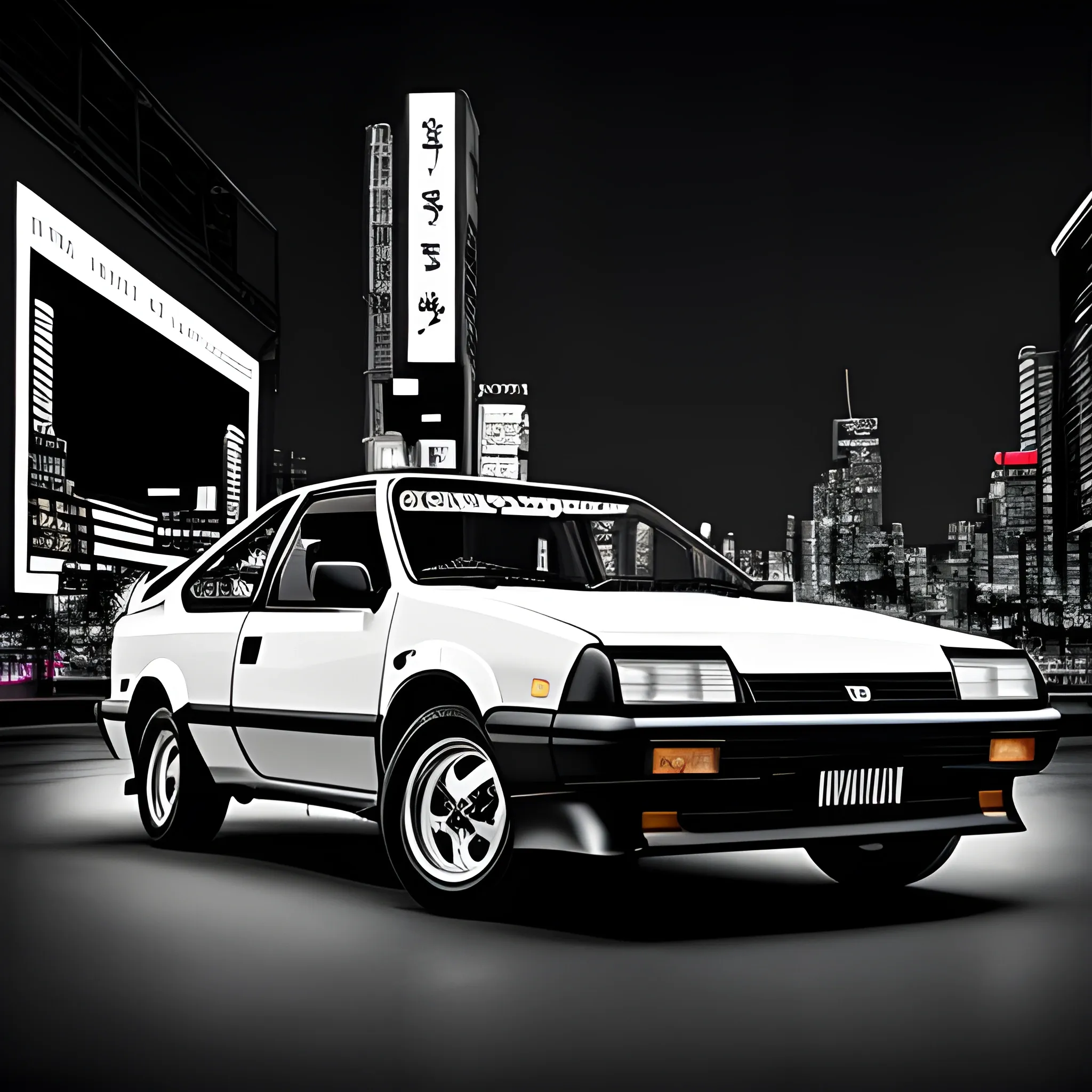 Iconic Toyota trueno black and white, 4k HD, rose, night on the city, neon light., 