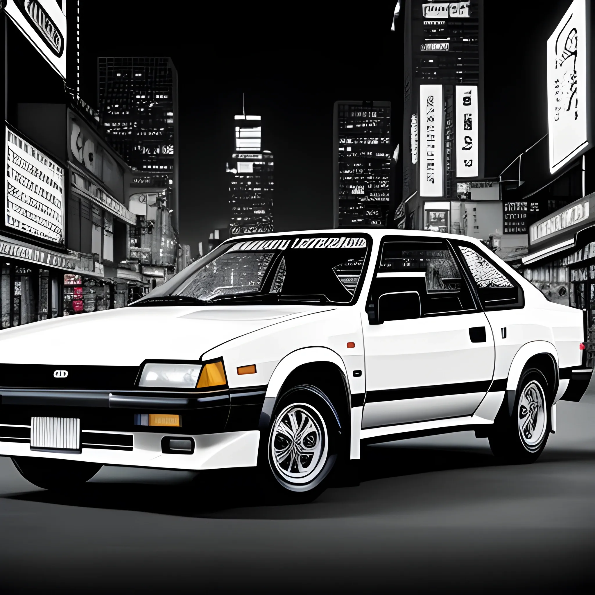 Iconic Toyota trueno levin gr86 1986 black and white, 4k HD, rose, night on the city, neon light, 