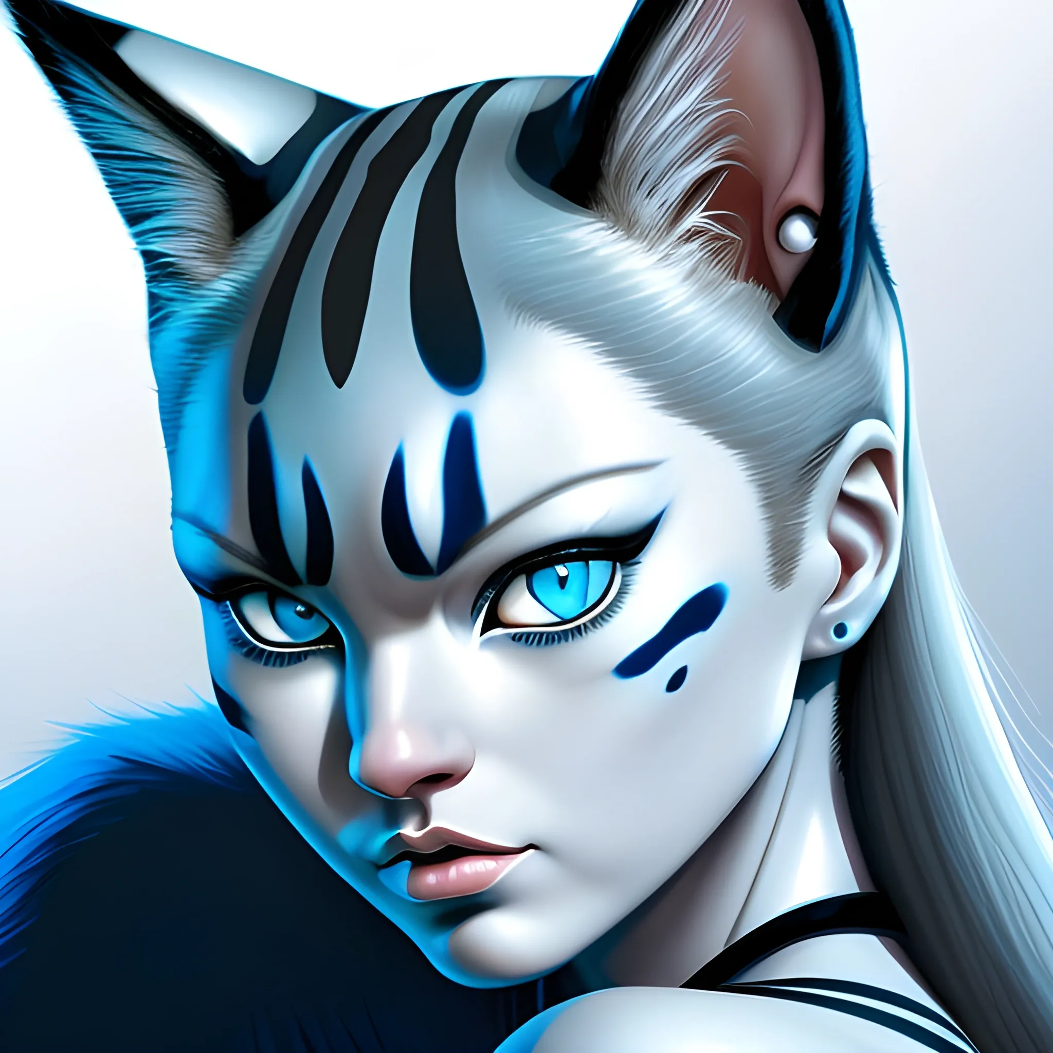  woman with a cat-like appearance,huge blue eyes. Add feline fur spots in her hair,  (by Artist bruce timm:1),(high quality), (detailed), (masterpiece), (best quality), (highres), (extremely detailed),(8k, RAW photo, best quality,(realistic, photo-realistic:1.37), ultra-detailed,1 