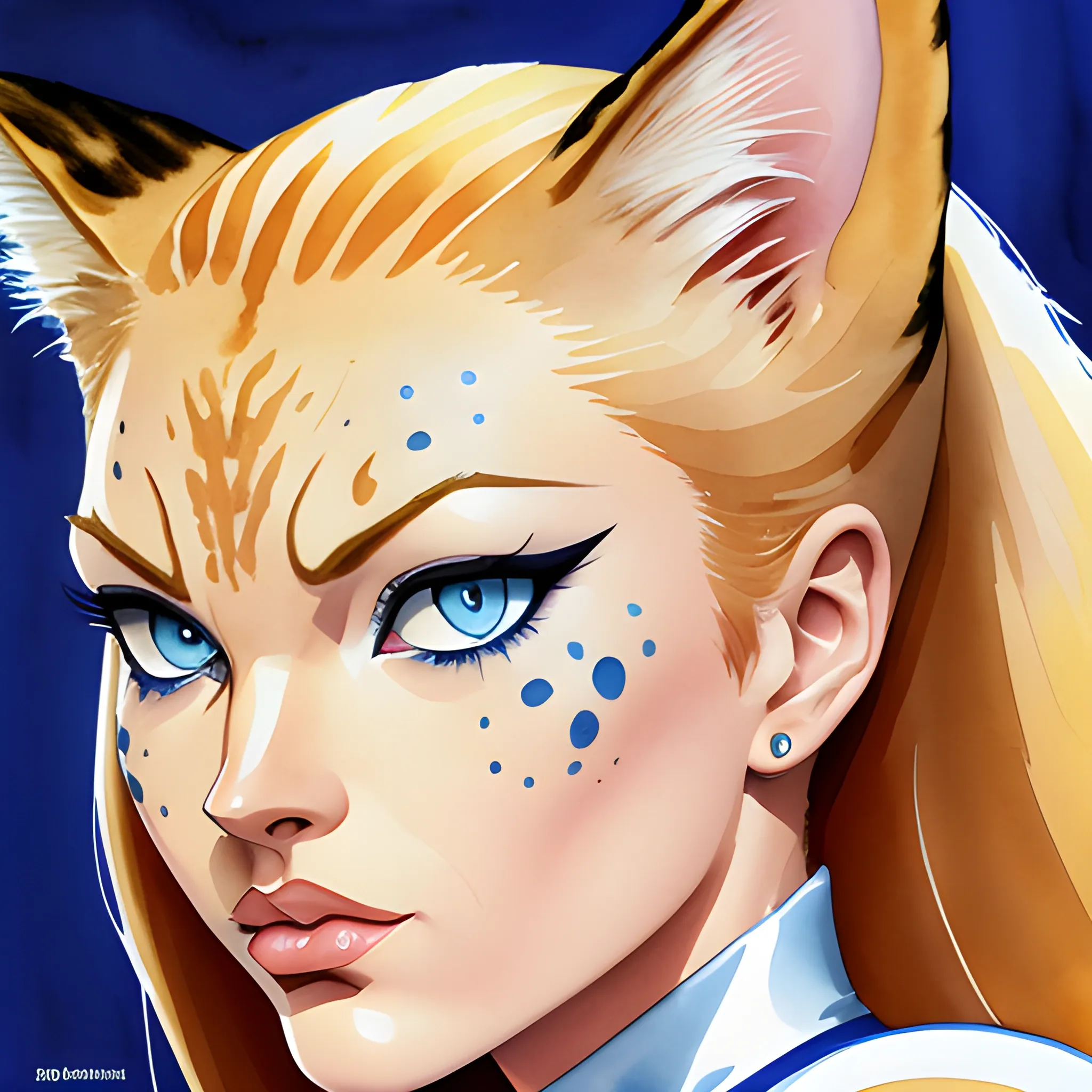  woman with a cat-like appearance,huge blue eyes. Add feline fur spots in her hair,  (by Artist bruce timm:1),(high quality), (detailed), (masterpiece), (best quality), (highres), (extremely detailed),best quality,watercolor, Water Color