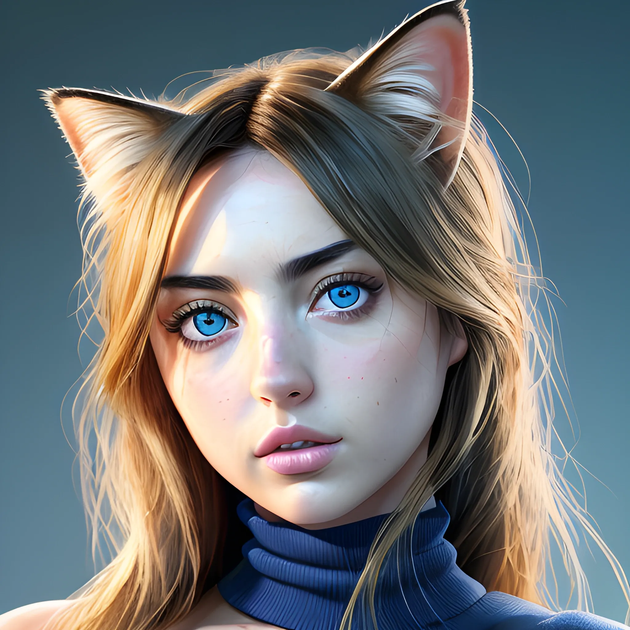 (aesthetic), (beautiful), (upper blody), , (professional angle), (rule of thirds), (Feminine), (female), (beautiful),(feminine features), (20 years) (ana de armas face), solo, 1 woman, (attractive Japanese), (Casual look), (long hair), (woman with a cat-like appearance),(huge blue eyes),(Add feline fur spots in her hair),  (by Artist bruce timm:1),(high quality), (detailed), (masterpiece), (best quality), (highres), (extremely detailed),(8k, RAW photo, best quality,(realistic, photo-realistic:1.37), ultra-detailed