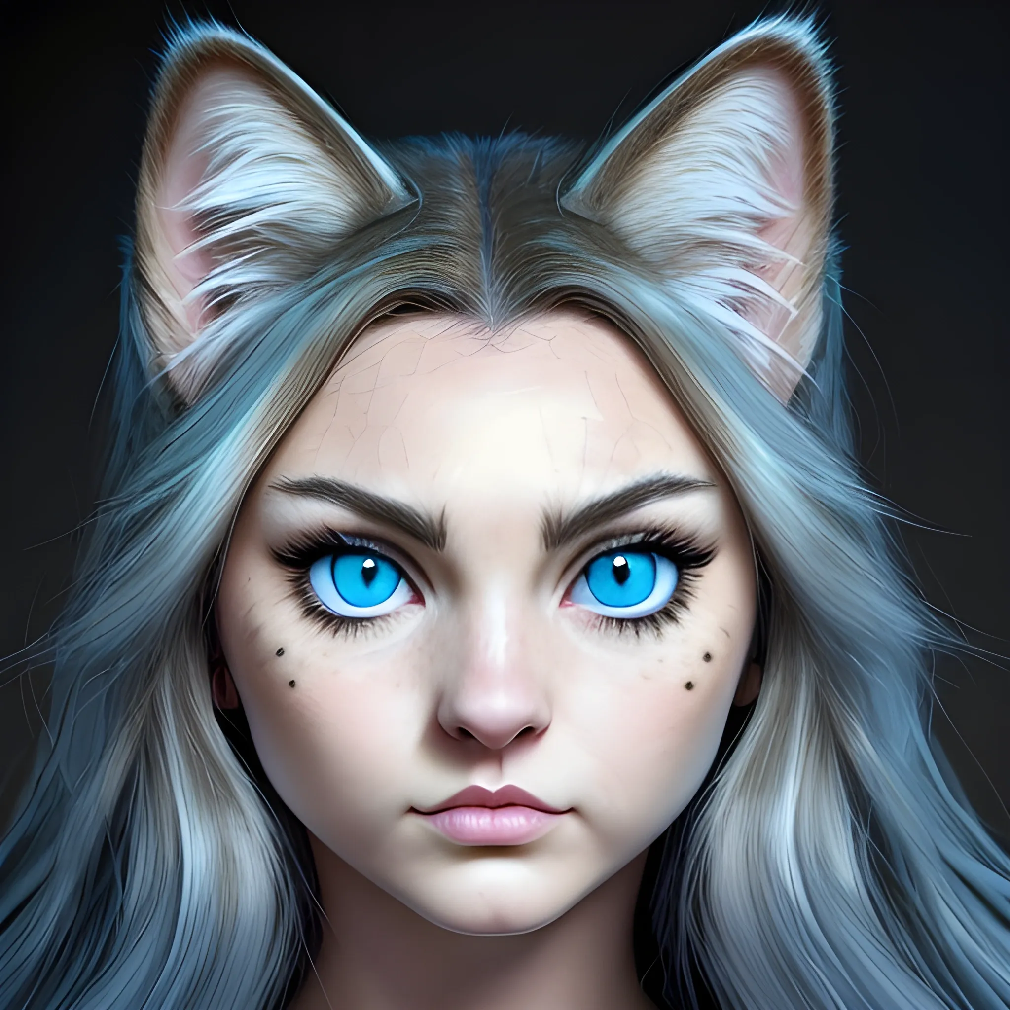  (woman with a cat-like appearance),(huge blue eyes),(Add feline fur spots in her hair),  (by Artist bruce timm:1),(high quality), (detailed), (masterpiece), (best quality), (highres), (feline details on her forehead),(extremely detailed),(8k, RAW photo, best quality,(realistic, photo-realistic:1.37), ultra-detailed, (aesthetic), (beautiful), (upper blody), , (professional angle), (rule of thirds), (feline), (mysterious charms of cats),(feminine features), (20 years) (ana de armas face), solo, (Casual look), (long hair),