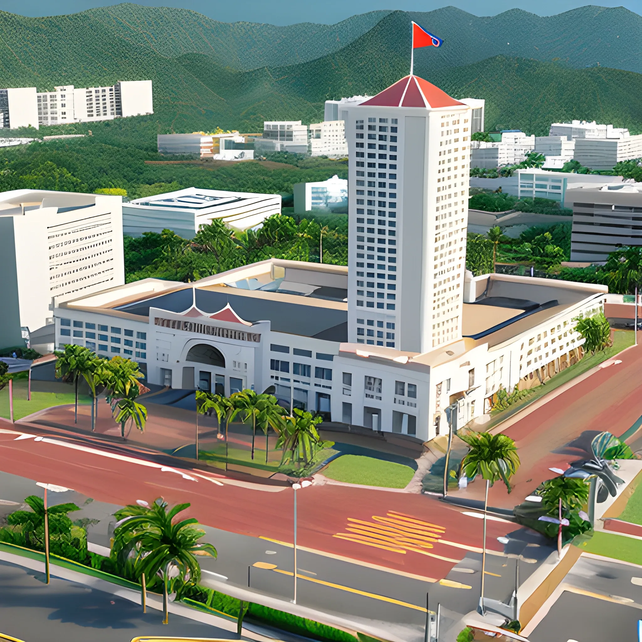 Make a caguas city hall puerto rico image, unreal engine 5, 8k, ultra high definition, miniature effect, realistic, 3D