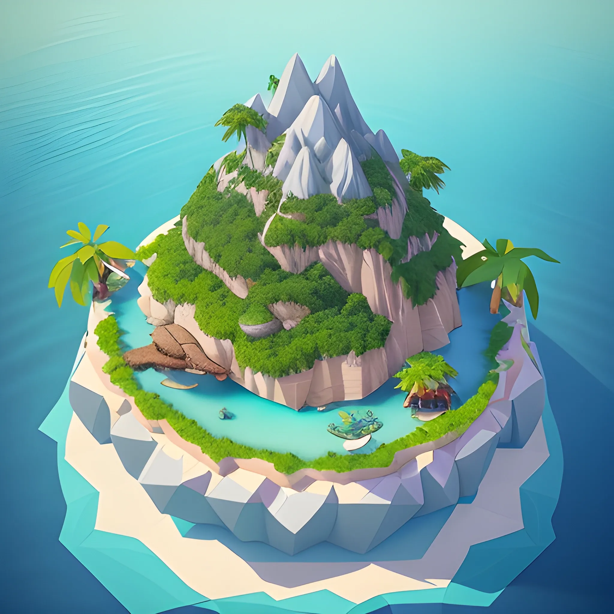 a floating island on an aquatic environment isometric art, lago di sorapis landscape, low poly art, game art, artstation, 3D render, high detail, cgsociety, octane render, palms, tropical, pirate of caribbean 