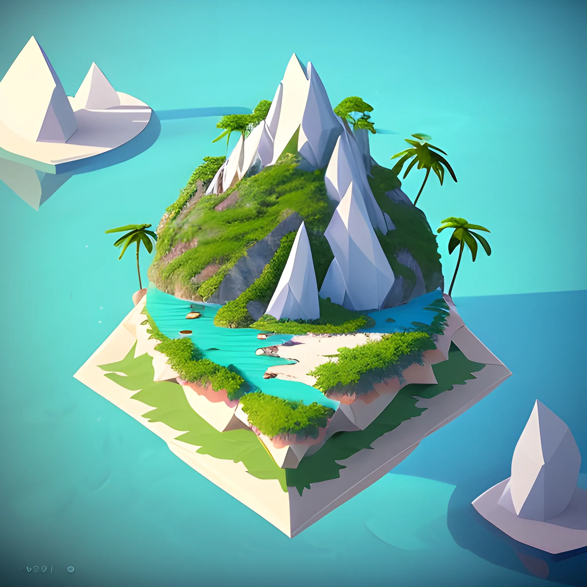 a floating island on an aquatic environment isometric art, lago di sorapis landscape, low poly art, game art, artstation, 3D render, high detail, cgsociety, octane render, palms, tropical, pirate of caribbean 