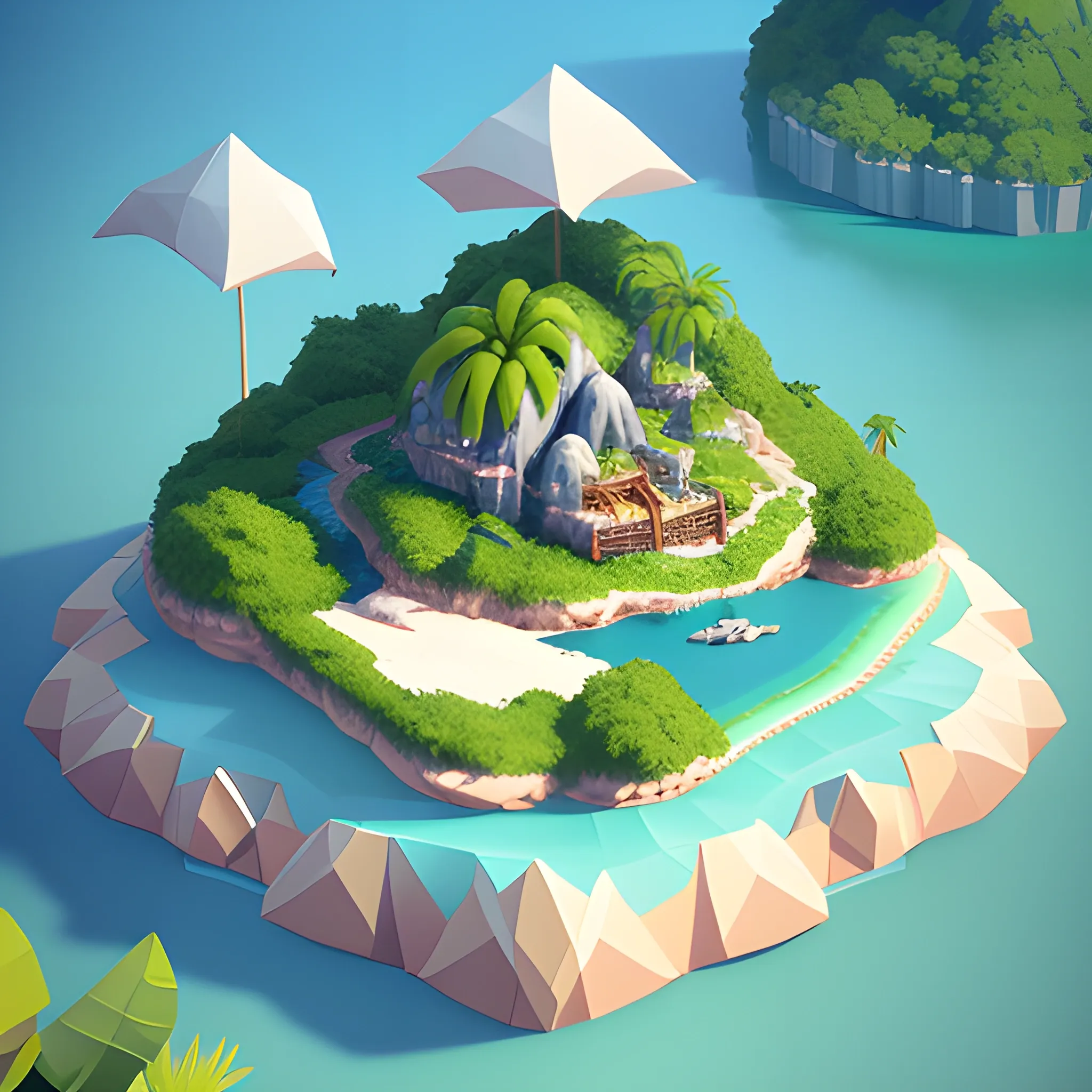 a floating island on an aquatic environment isometric art, lago di sorapis landscape, low poly art, game art, artstation, 3D render, high detail, cgsociety, octane render, palms, tropical, pirate of caribbean 