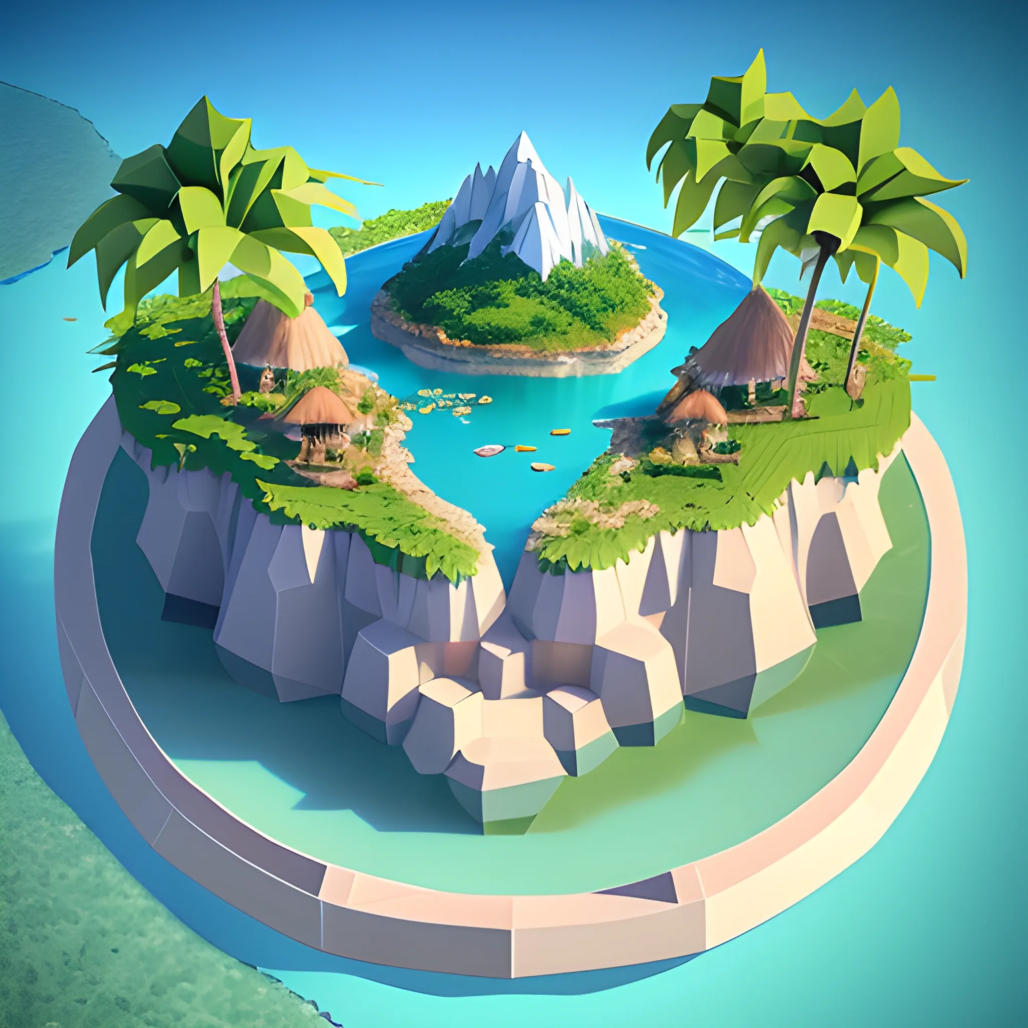 a floating island on an aquatic environment isometric art, lago di sorapis landscape, low poly art, game art, artstation, 3D render, high detail, cgsociety, octane render, palms, tropical, pirate of caribbean 