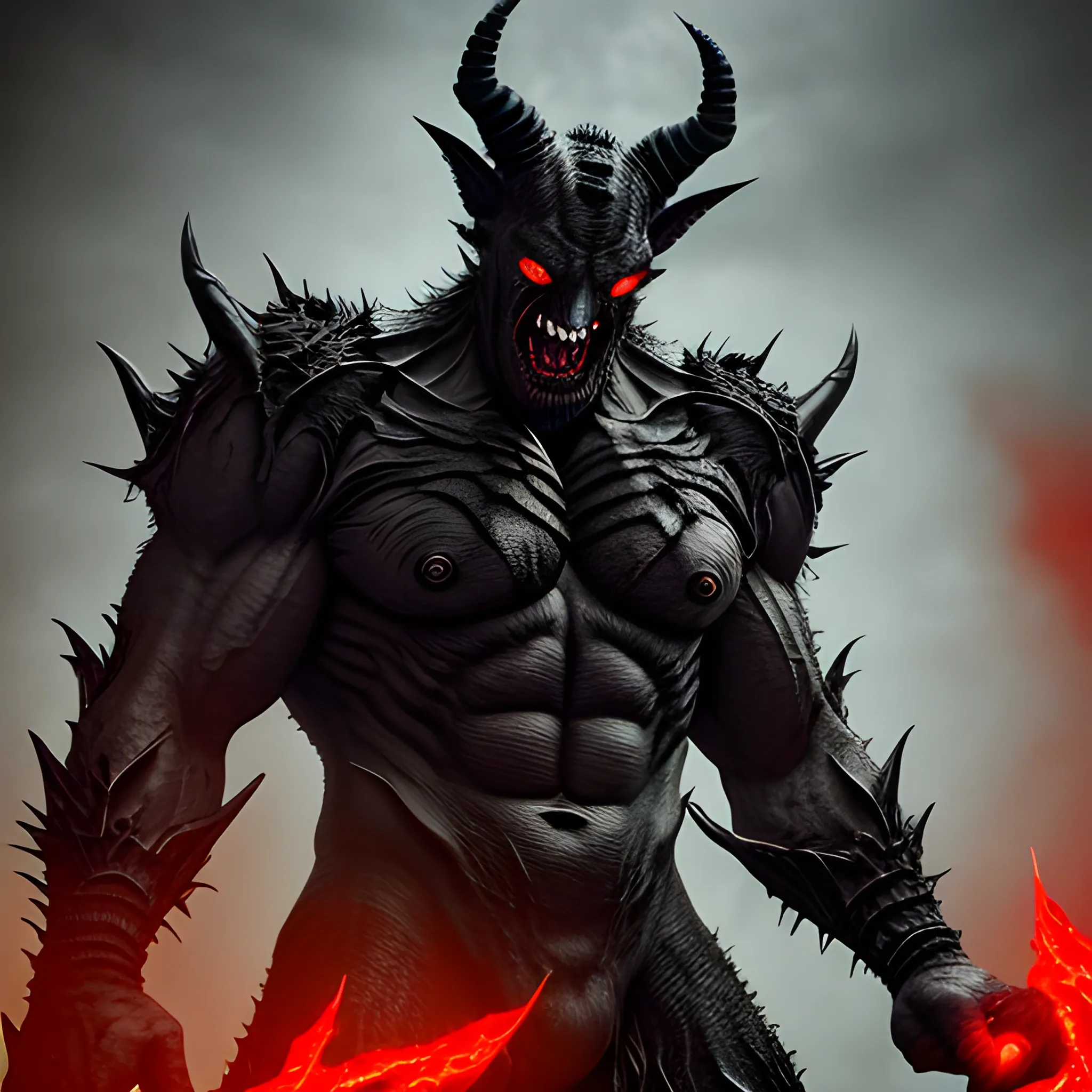 photo realistic, giant man, transfused dragon, transfused bat, demonic, devil horns, sharp teeth, blackened skin, monstrous face, clawed hands, bipedal, muscular, Hades armored,