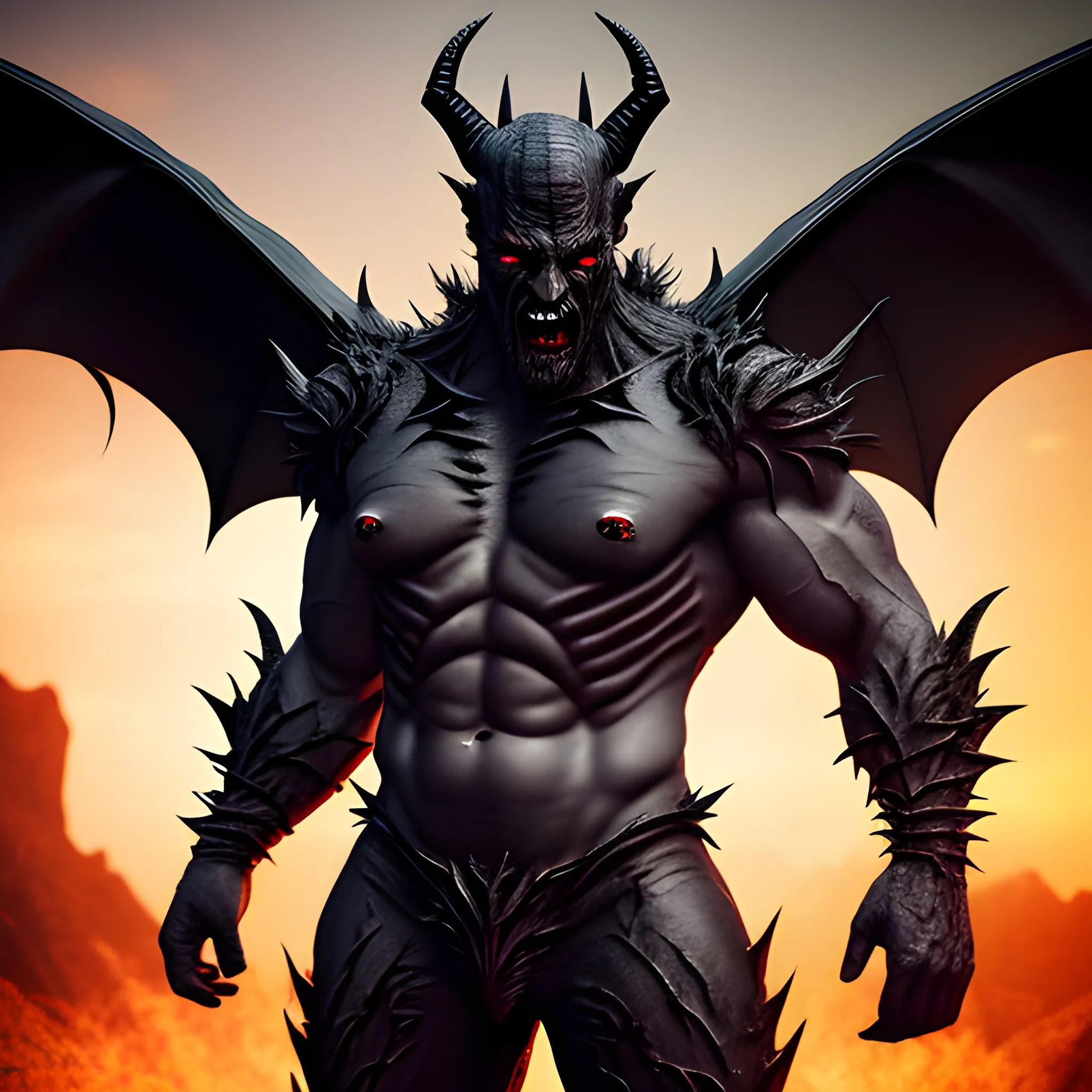 photo realistic, giant man, transfused dragon, transfused bat, demonic wings, devil horns, sharp teeth, blackened skin, monstrous face, defined jawline, clawed hands, bipedal, muscular, Hades armored, 