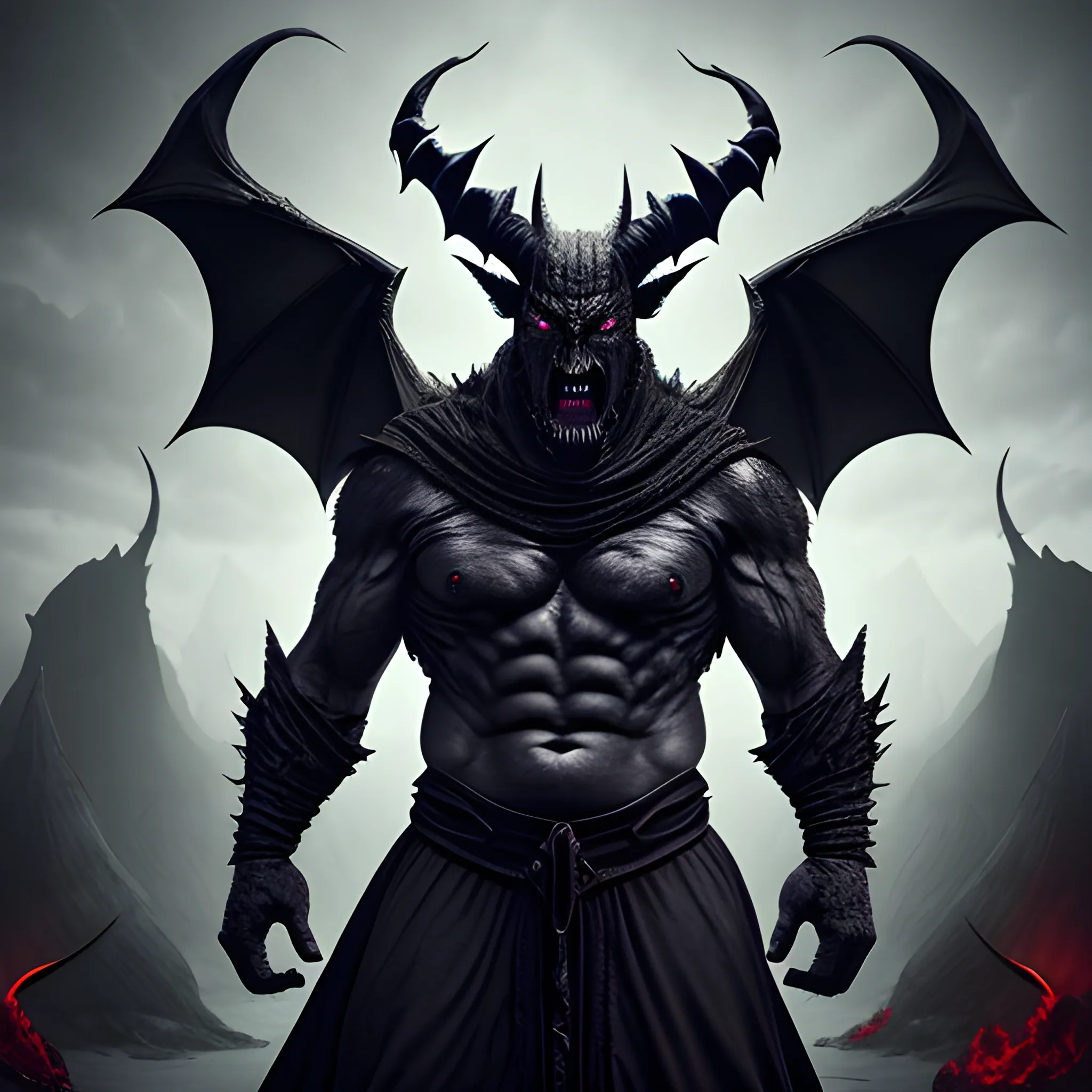 photo realistic, giant man, transfused dragon, transfused bat, demonic, devil horns, sharp teeth, blackened skin, monstrous face, defined jawline, clawed hands, bipedal, muscular, Hades armored, cloak in 
wings, background of hell 