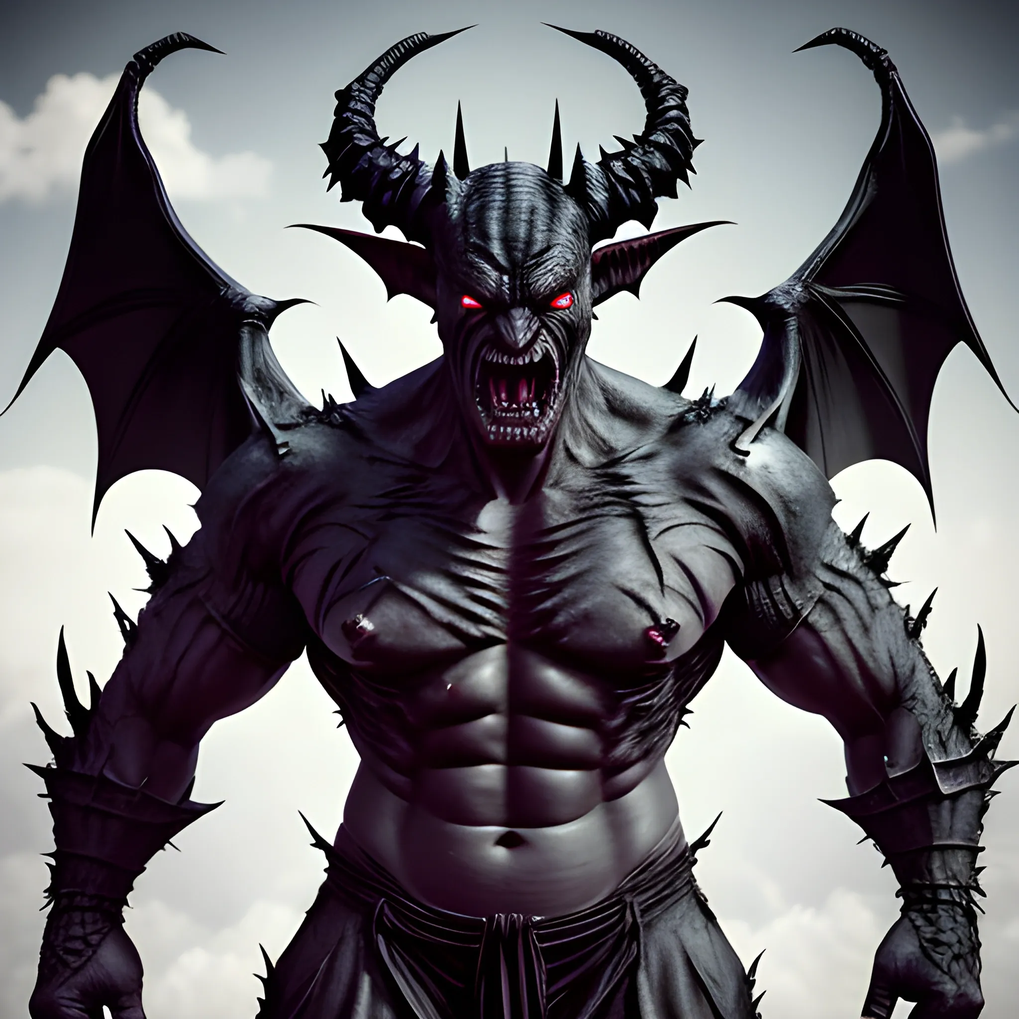 photo realistic, giant man, transfused dragon, transfused bat, demonic, devil horns, sharp teeth, blackened skin, monstrous face, defined jawline, clawed hands, bipedal, muscular, Hades armored, Curved  folded comfortable idle wings tucked on back, 