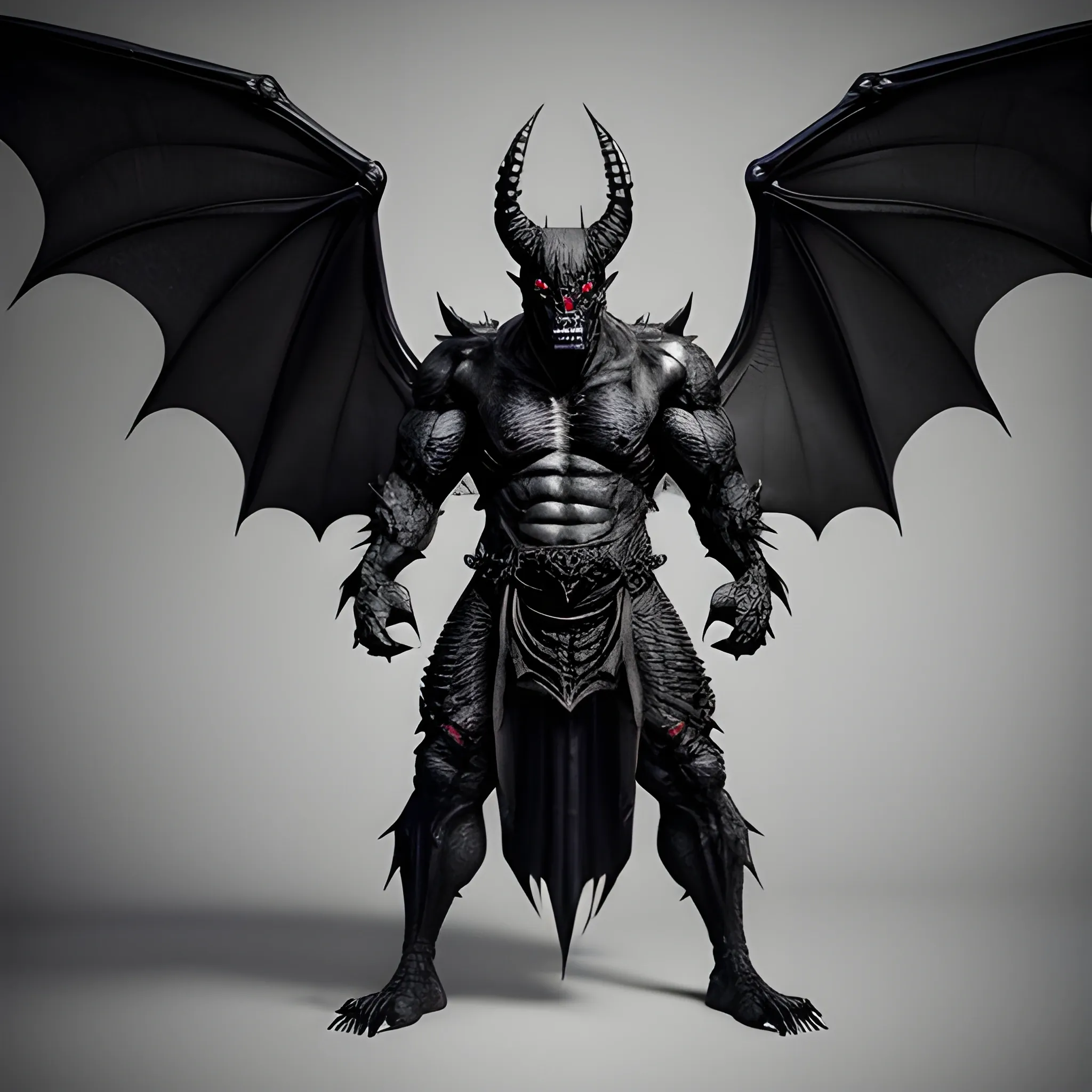 photo realistic, giant man, transfused dragon, transfused bat, demonic, devil horns, sharp teeth, blackened skin, monstrous face, defined jawline, clawed hands, bipedal, muscular, Hades armored, idle wings, massive wings, folded wings, tucked wings, close to body wings, WINGS NOT FLARED OUTWARD