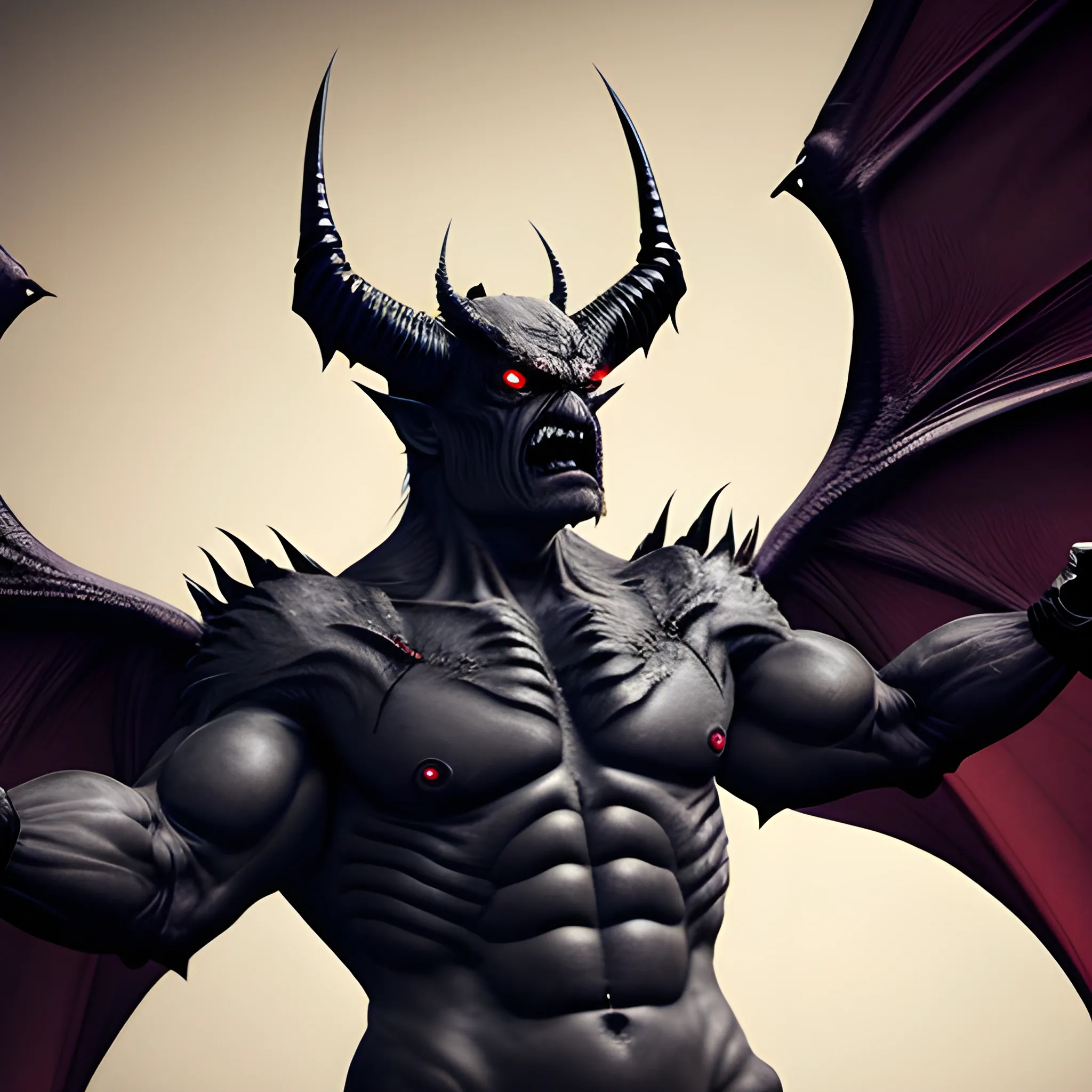 photo realistic, giant man, transfused dragon, transfused bat, demonic, devil horns, sharp teeth, blackened skin, monstrous face, defined jawline, clawed hands, bipedal, muscular, Hades armored, idle wings, massive wings, folded wings, tucked wings, close to body wings, wings NOT opened outward