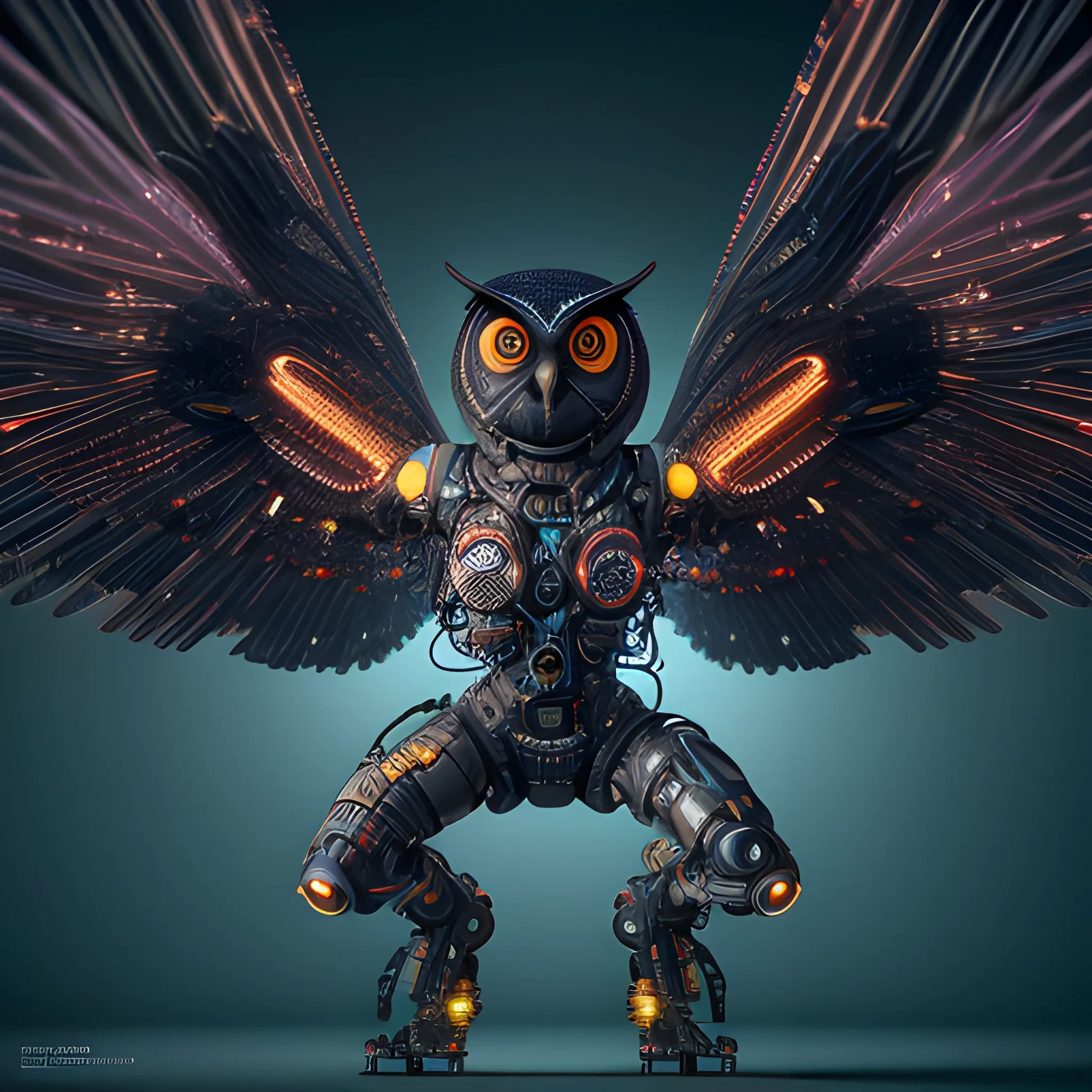 A complex 3D render of a cyborg owl in the night, wings spreaded, dead-center in frame, robotic parts, microchip, ultra detailed wires and cog wheels, lace, electric cables, in a cyberpunk city, furious expression, eyes glowing, breathing smoke, vibrant, esport, epic, celestial, moody, cinematic lighting, 150 mm, lens flare, highly detailed, sharp focus, octane render, HDRI, intense, dramatic, warm colors, fiery effect, professional, IMAX, dark studio, low key, high contrast, flawless detail, award-winning, expertly crafted, detailed pupils, colour grading, post-processed, rim light, hyperrealistic