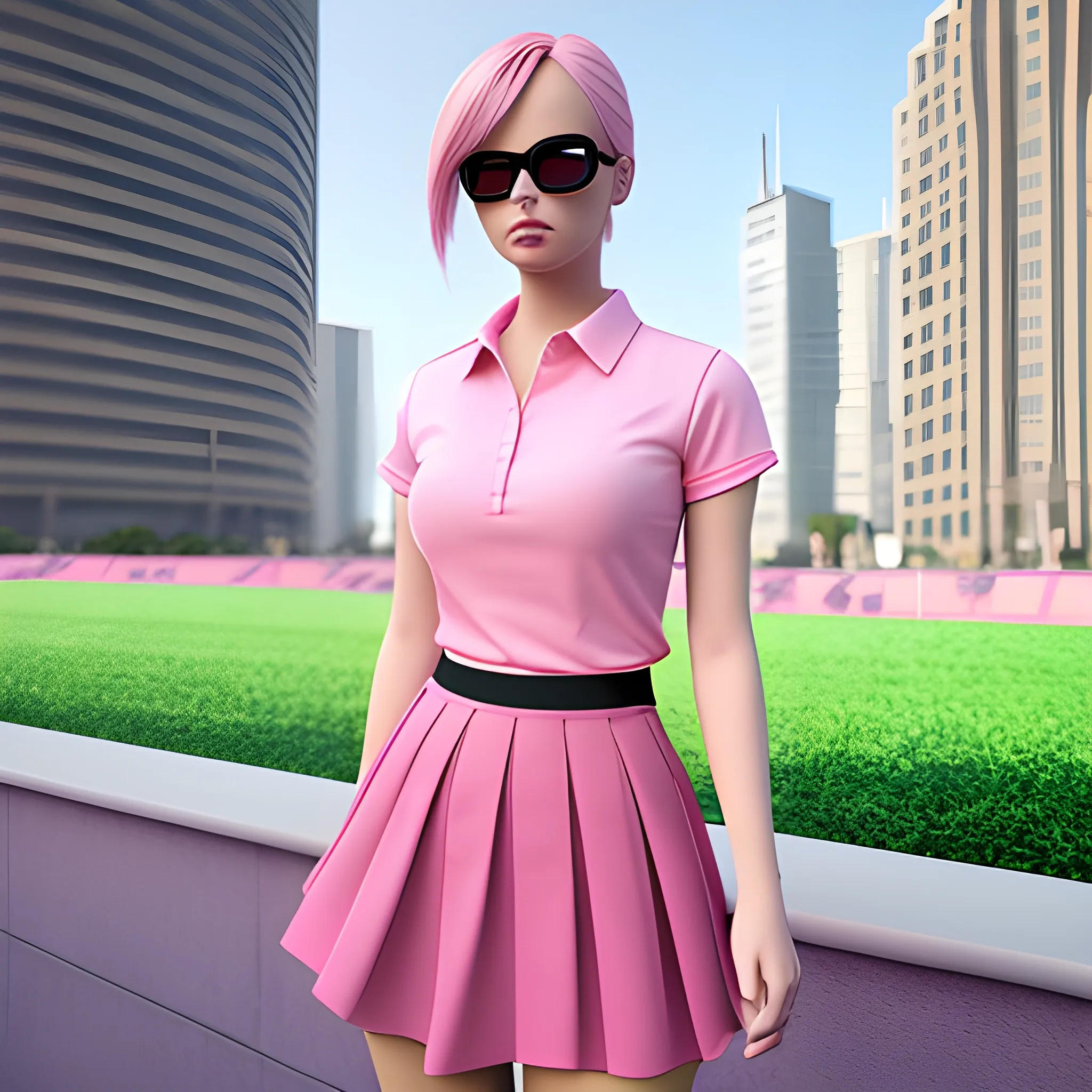 pink shirt and skirt at city, 3D