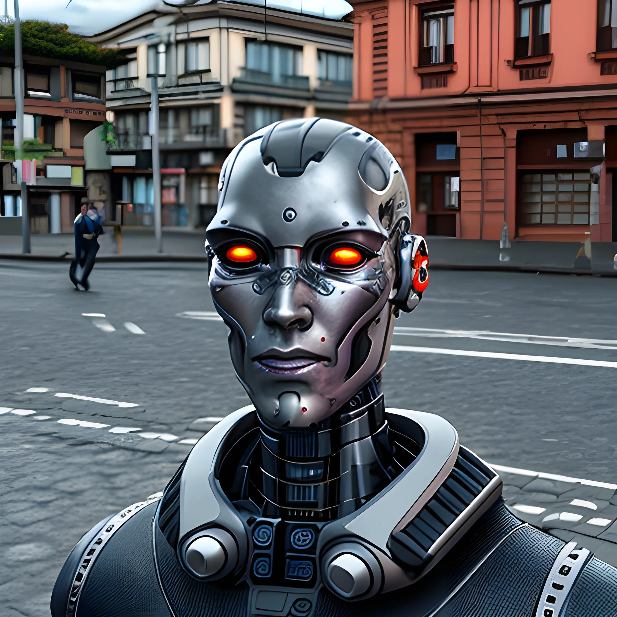 cyborg realictic in 3d on street in Osorno City and Osorno Volcano