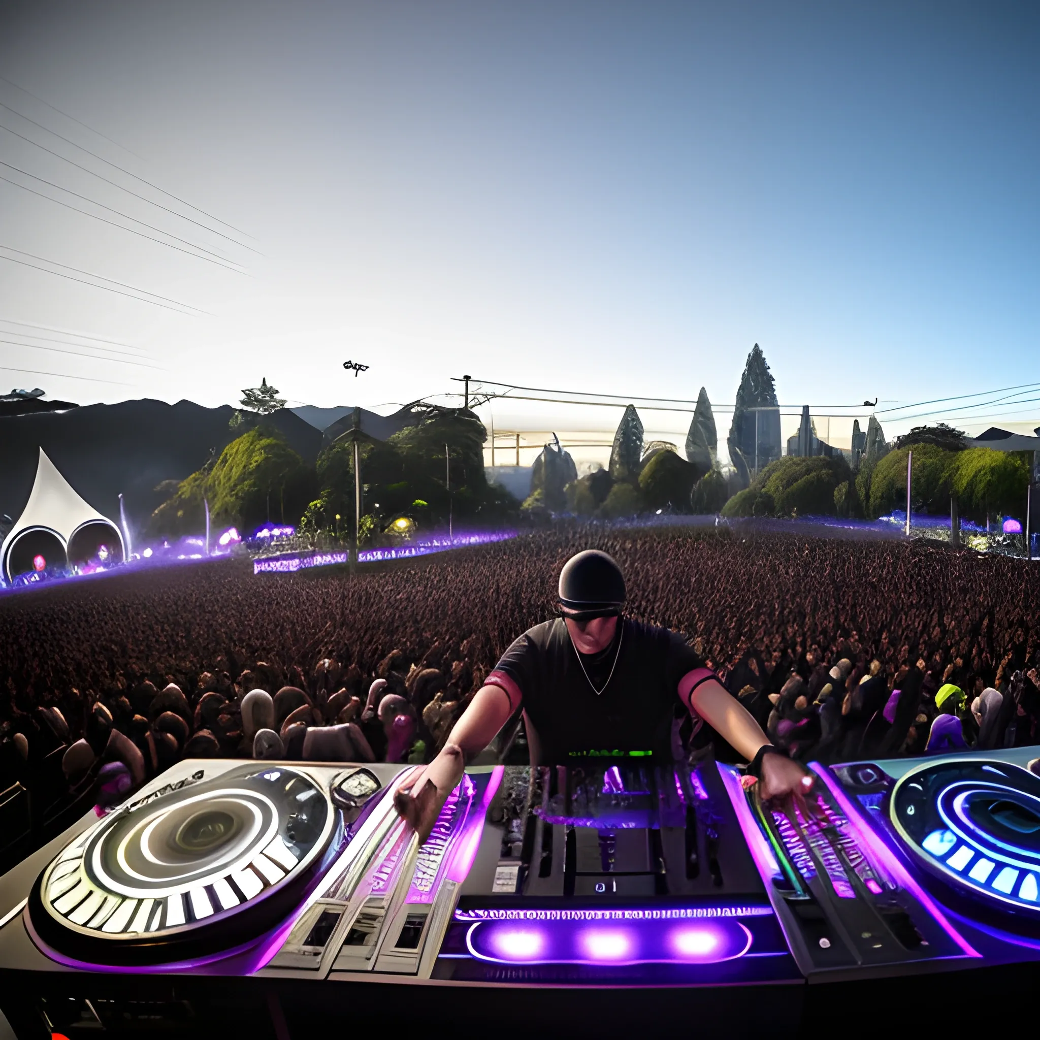 
ultra realistic dj playing music in a giant event in chuyaca park in the city of Osorno.