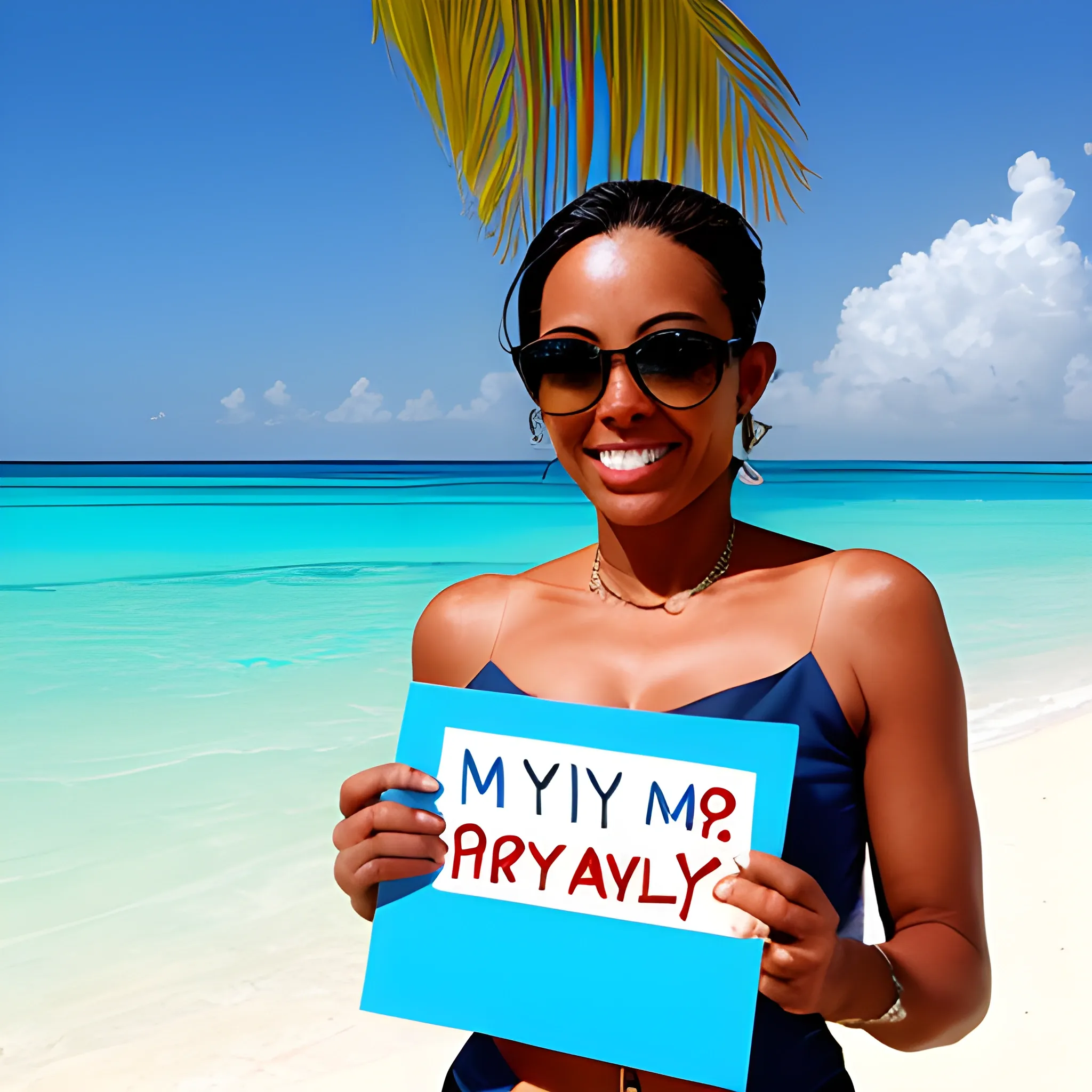 beautiful woman with a sign in her hand that says "my regards Andy" on a paradisiacal beach with a beautiful day.