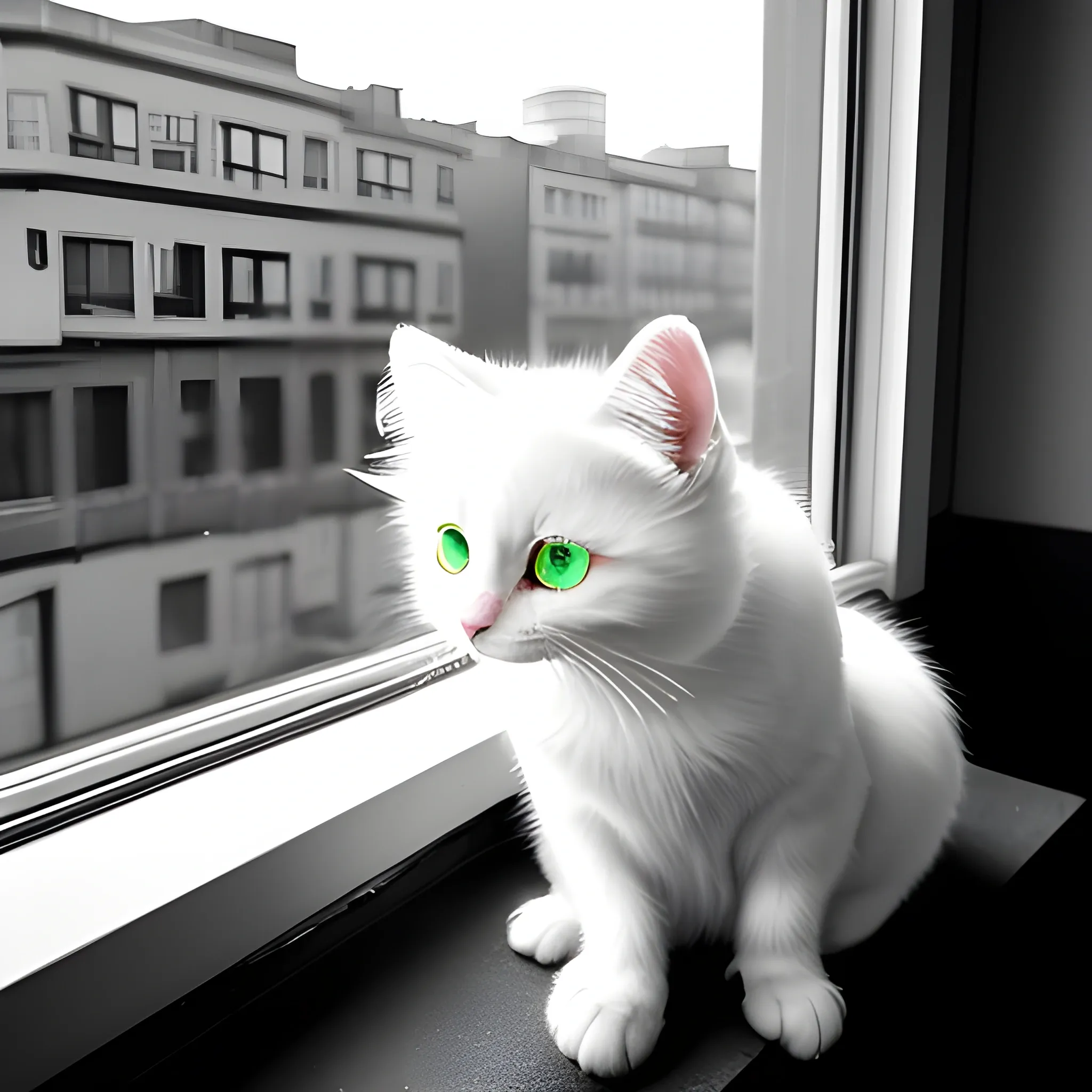 /imagine prompt: curious cat, fluffy white fur, piercing green eyes, sitting on a windowsill, overlooking a bustling city street below, soft natural lighting, minimalist composition, in black and white with high contrast, reminiscent of classic film noir style, shot on a Leica M10 camera with a 35mm lens, --ar 7:4 --v 5.2, Cartoon, Cartoon, Cartoon