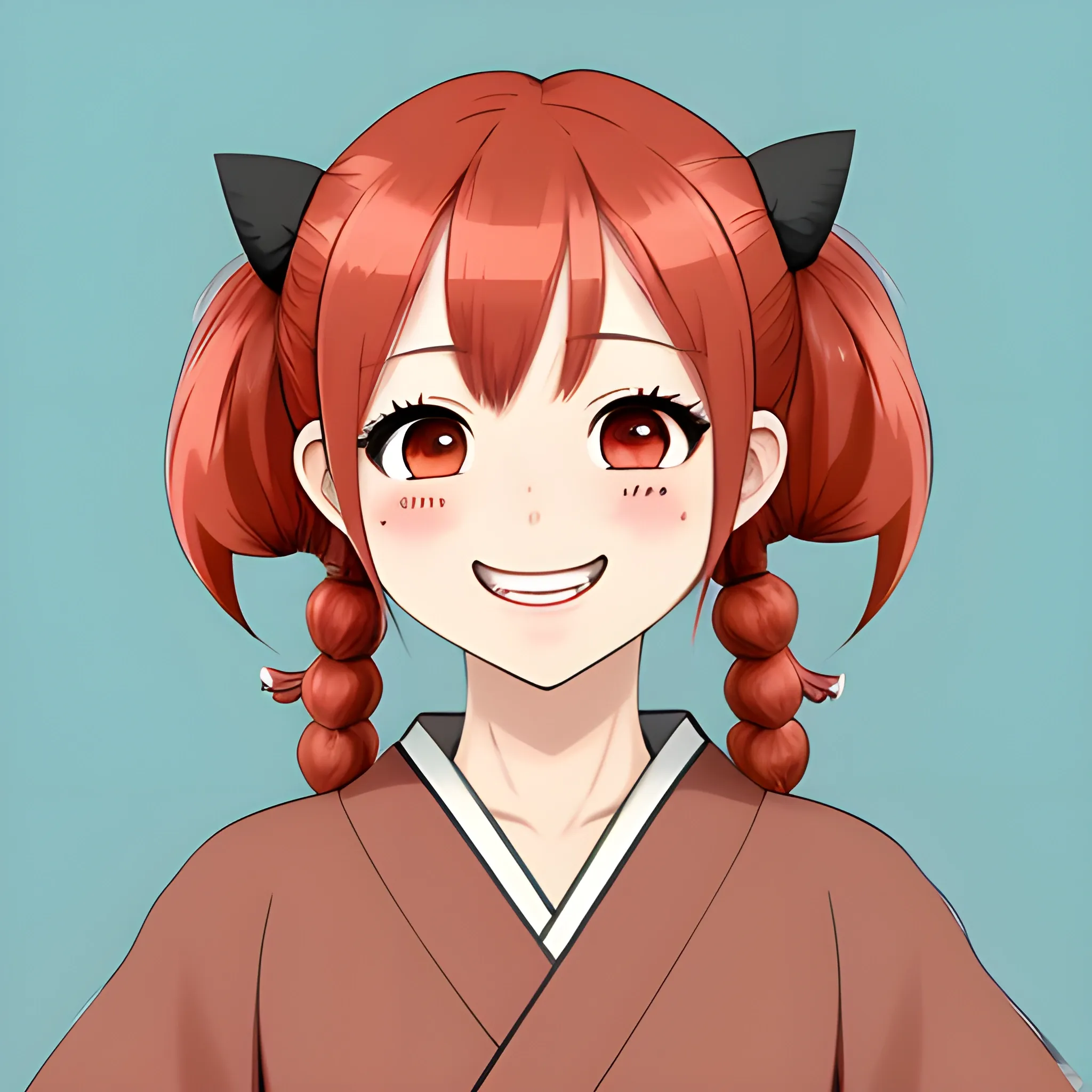 sperm cartoonized, artist name, bangs, blunt ends, blush stickers, brown eyes, commentary, english commentary, fang, genshin impact, highres, japanese clothes, kimono, looking at viewer, low twintails, mochi, nahida genshin impact, open mouth, pointy ears, red hair, short hair with long locks, sidelocks, simple background, smile, solo, teeth, twintails, upper teeth, Cartoon