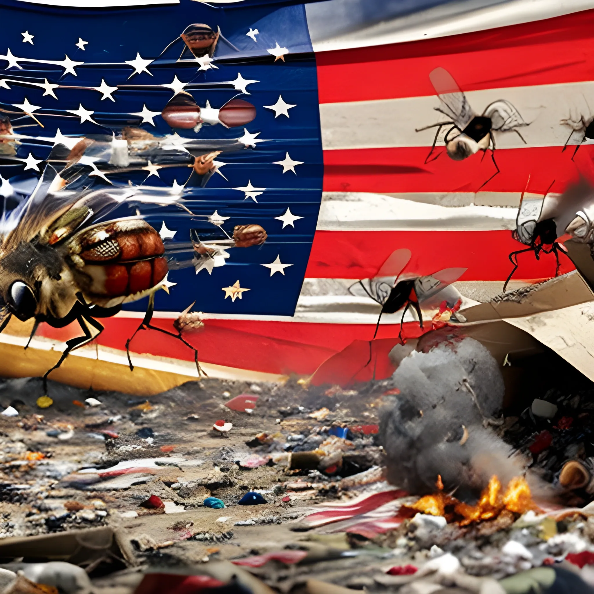 A burning american flag in a garbage dump surrounded by flies in the waste and cockroaches running around