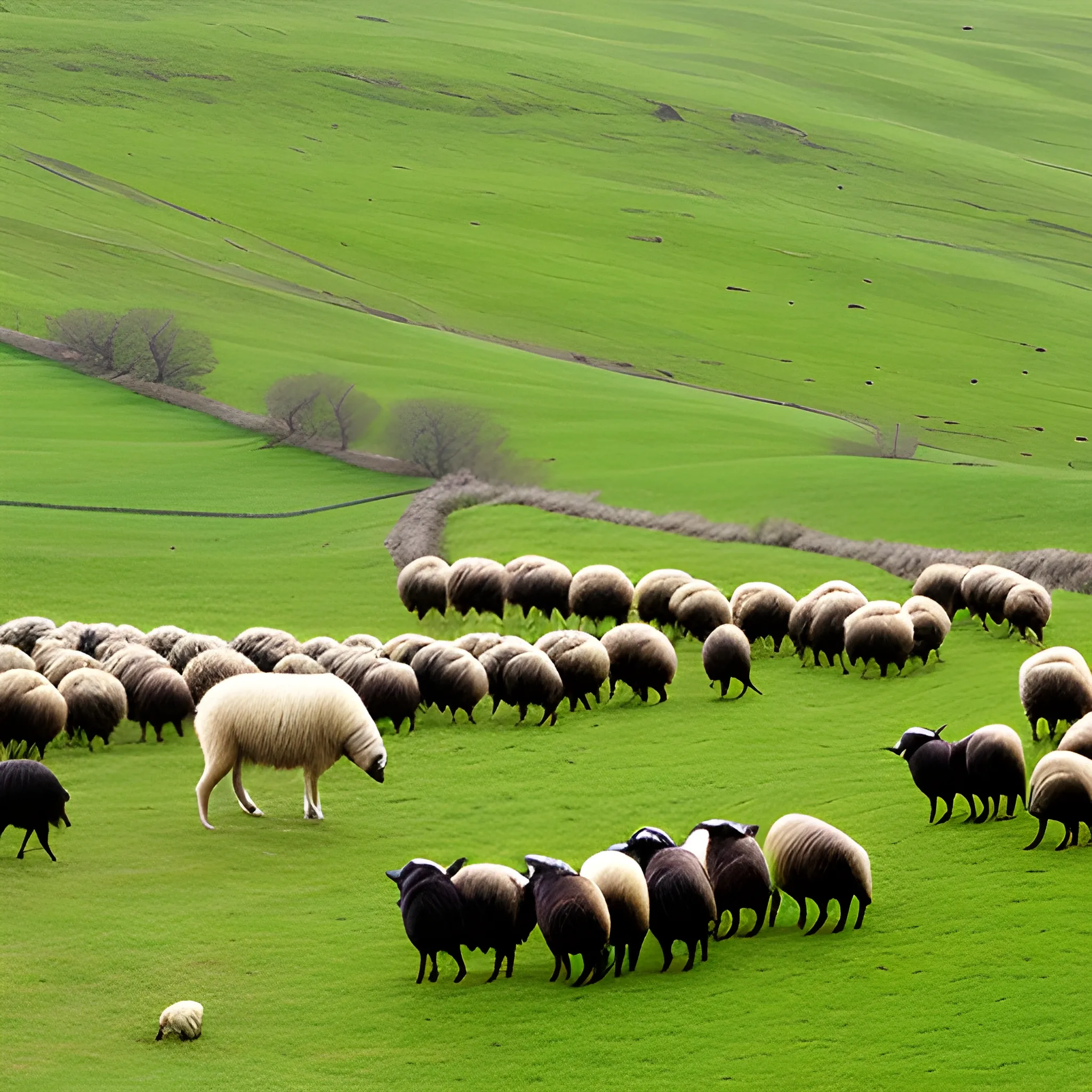 A shepherd boy is herding sheep. sheep grazing freely