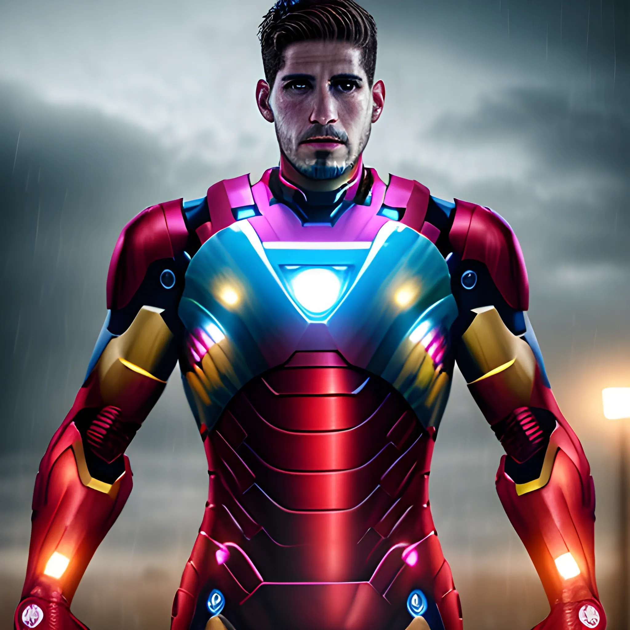 photorealistic image, hi res, 8k of Rodrigo De Paul as Ironman, standing in the rain, at night, Angrily starring at the monitor, piercing blue eyes, full body, ominous smile, dimmed lighting,  , evil grim, bokeh lighting, 