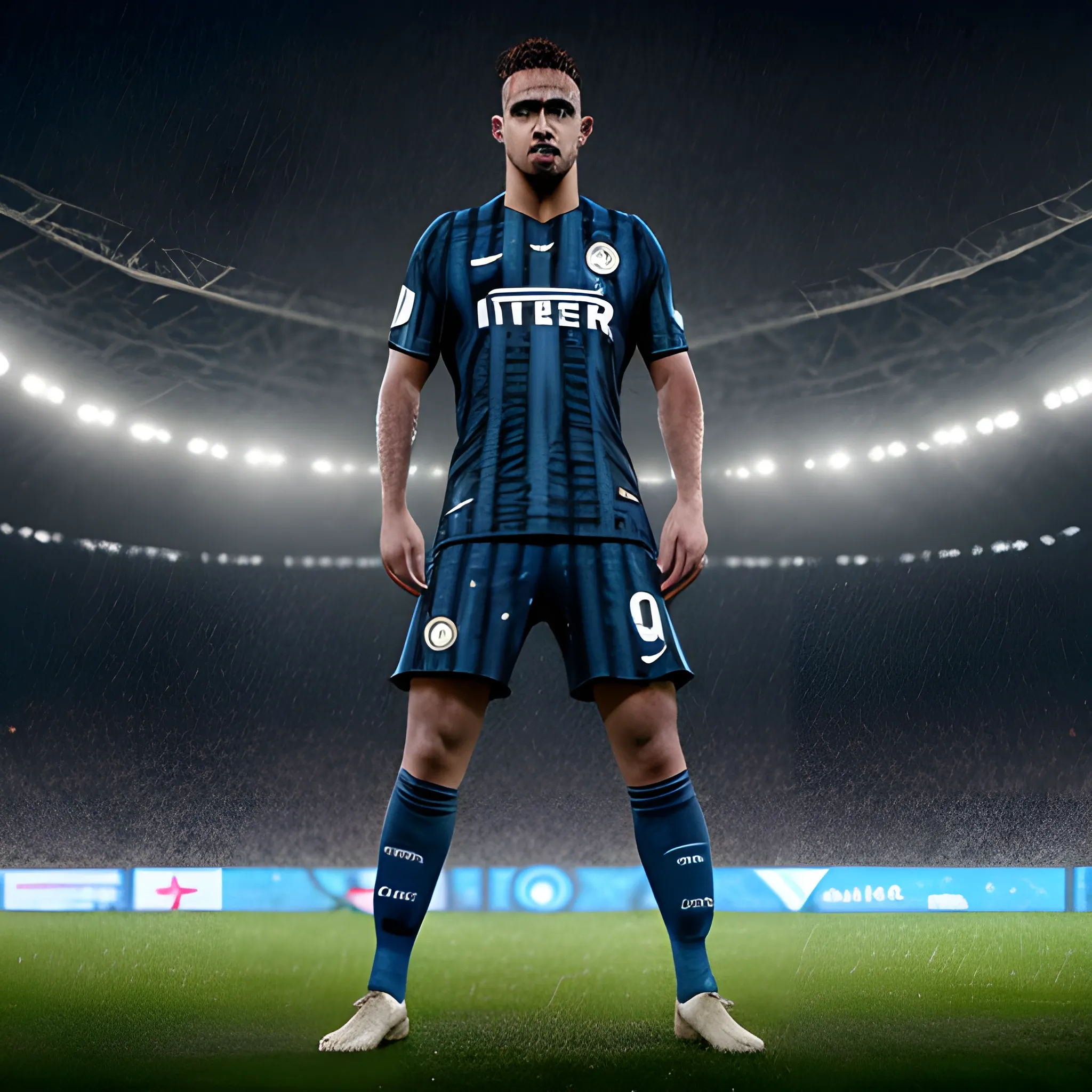 photorealistic image, hi res, 8k of Inter's soccer player Lautaro Martínez as Minotaurus, standing in the rain, at night, Angrily starring at the monitor, piercing blue eyes, full body, ominous smile, dimmed lighting,  , evil grim, bokeh lighting, 