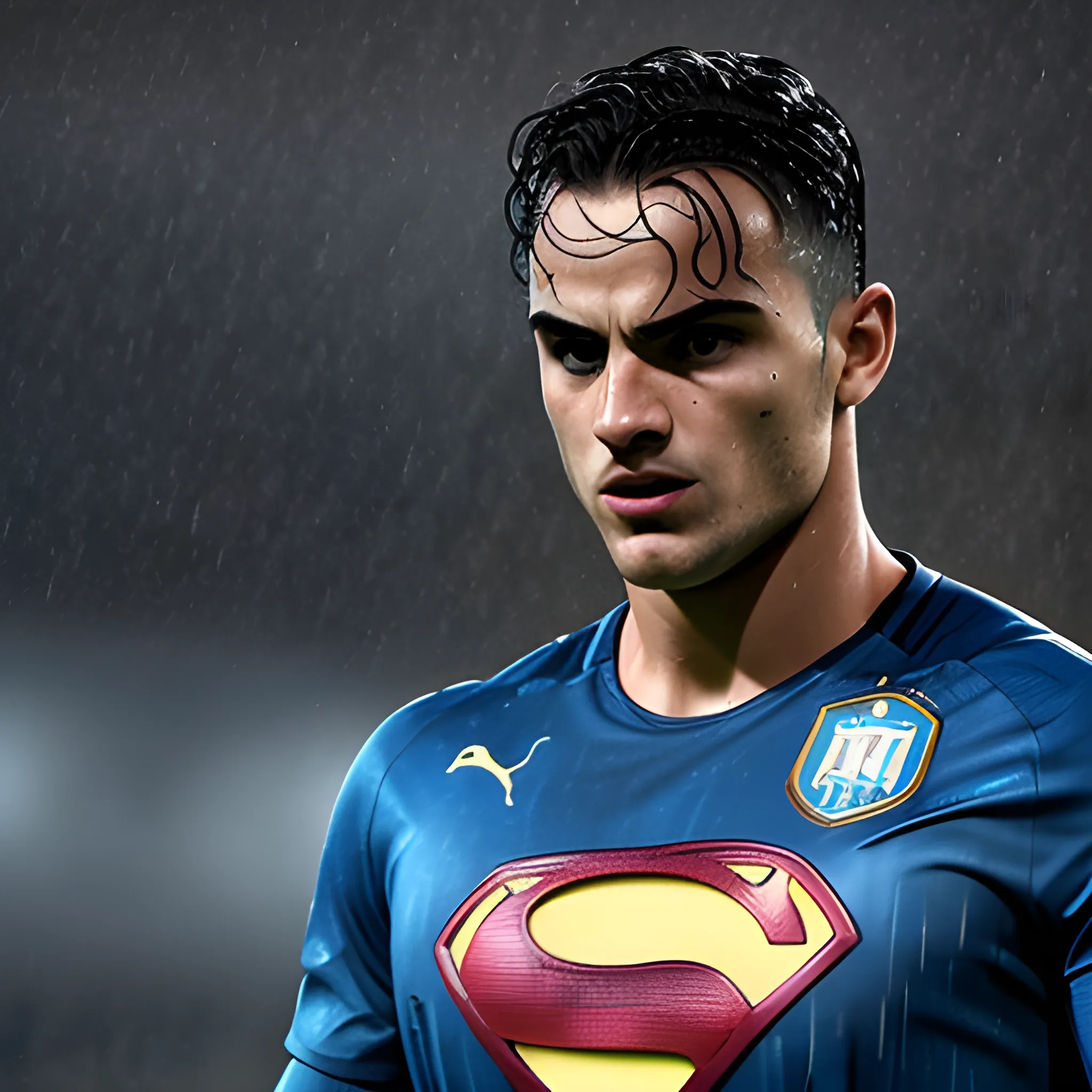 photorealistic image, hi res, 8k of Inter's soccer player Lautaro Martínez as Superman, standing in the rain, at night, Angrily starring at the monitor, piercing blue eyes, full body, ominous smile, dimmed lighting,  , evil grim, bokeh lighting, 