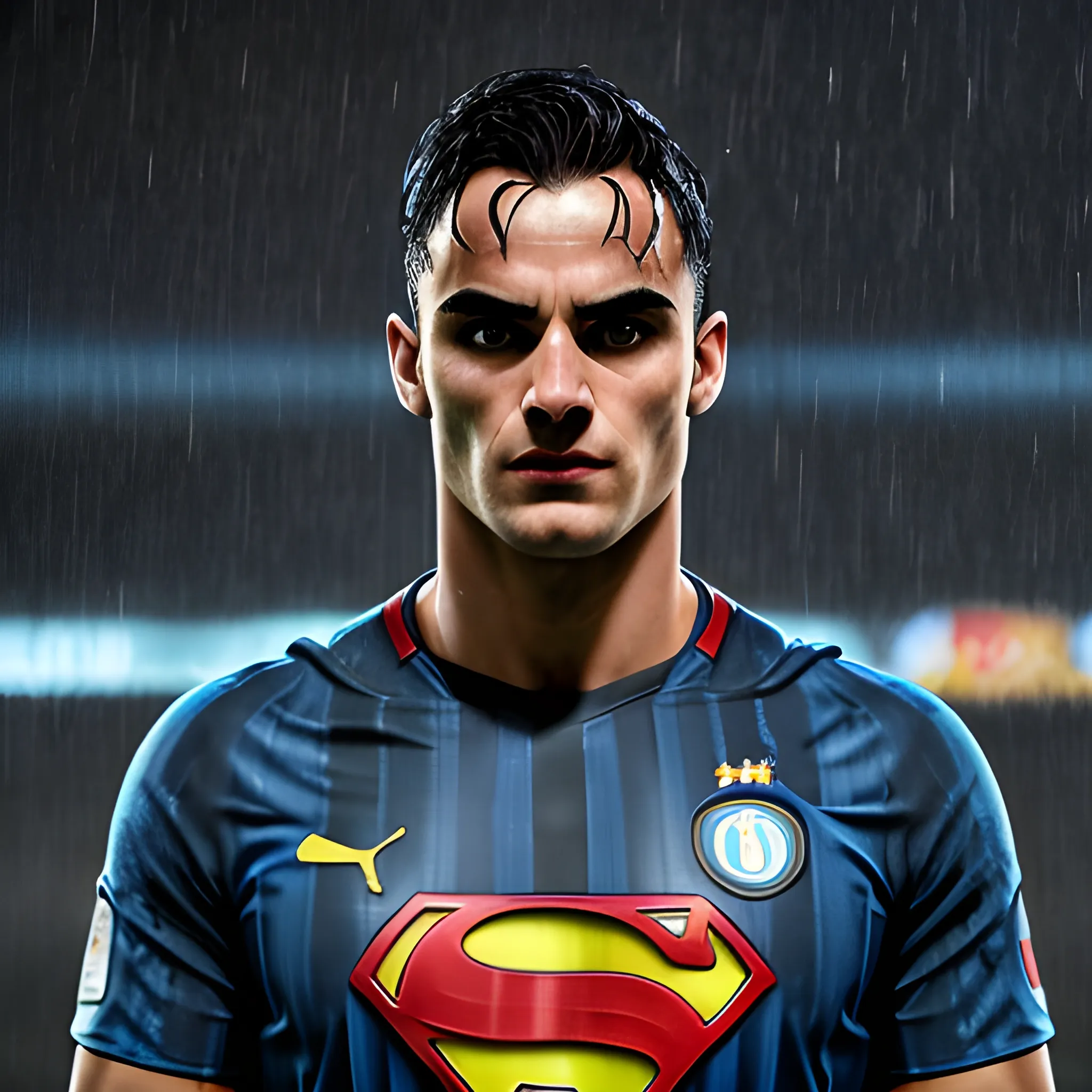 photorealistic image, hi res, 8k of Inter's soccer player Lautaro Martínez as Superman, standing in the rain, at night, Angrily starring at the monitor, piercing blue eyes, full body, ominous smile, dimmed lighting,  , evil grim, bokeh lighting, 