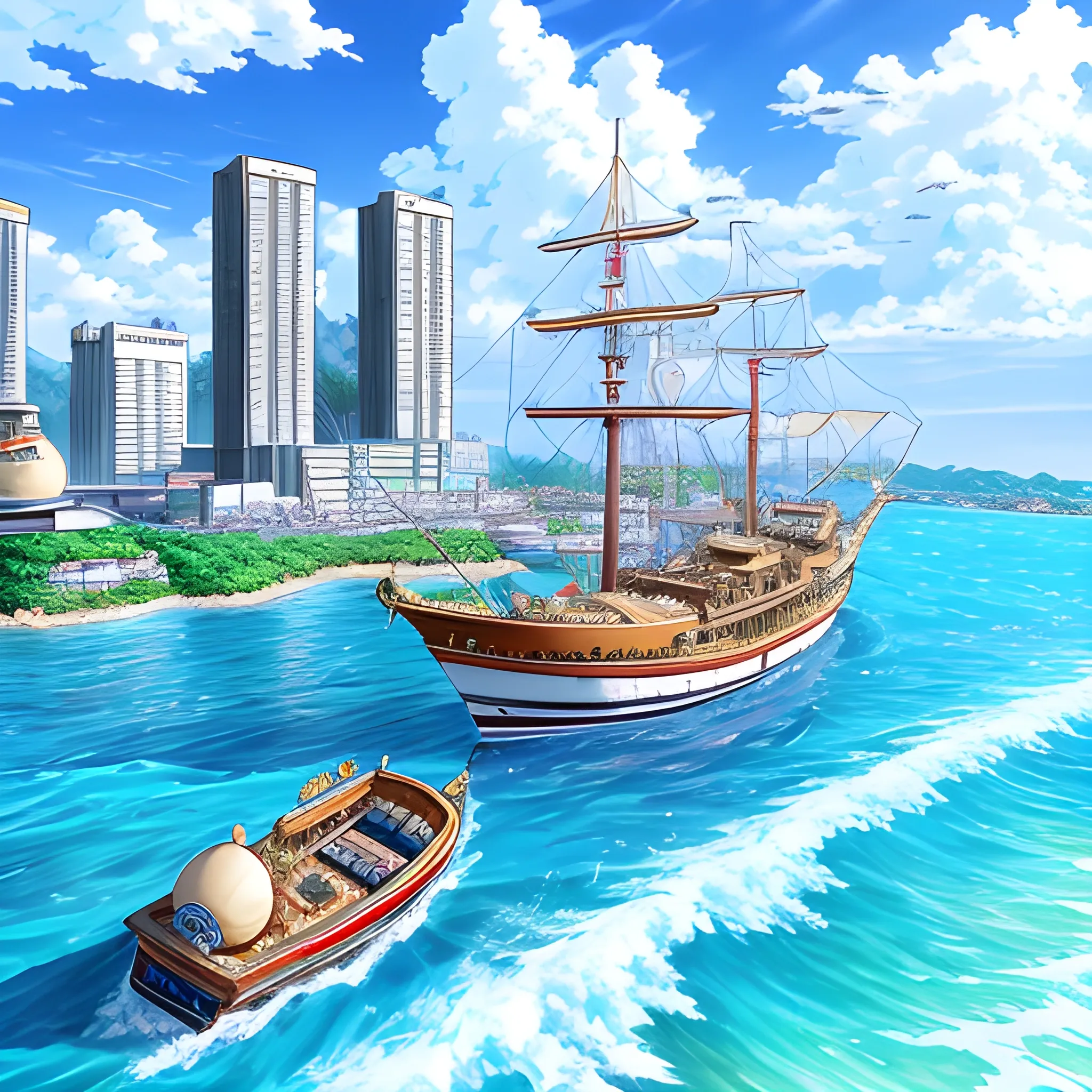 Anime city, one piece , landscape view, boat in ocean, ultra realistic, high quality, ultra detailed, 4k, UHD