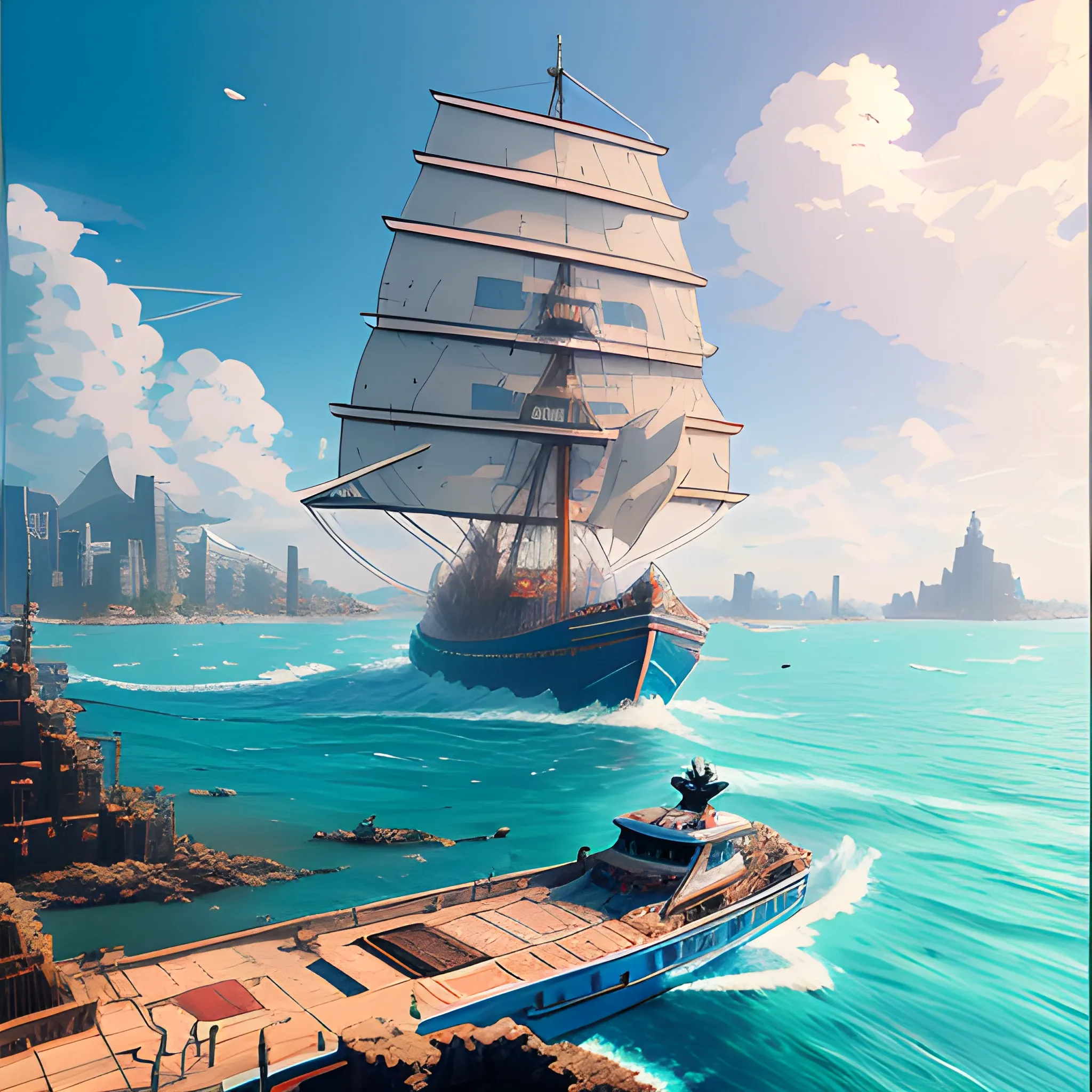 Anime city, one piece , landscape view, boat in ocean, ultra realistic, high quality , natural light, concept art, by greg rutkowski and craig mullins, anime studio, sharp, Rendered in Octane, trending on artstation