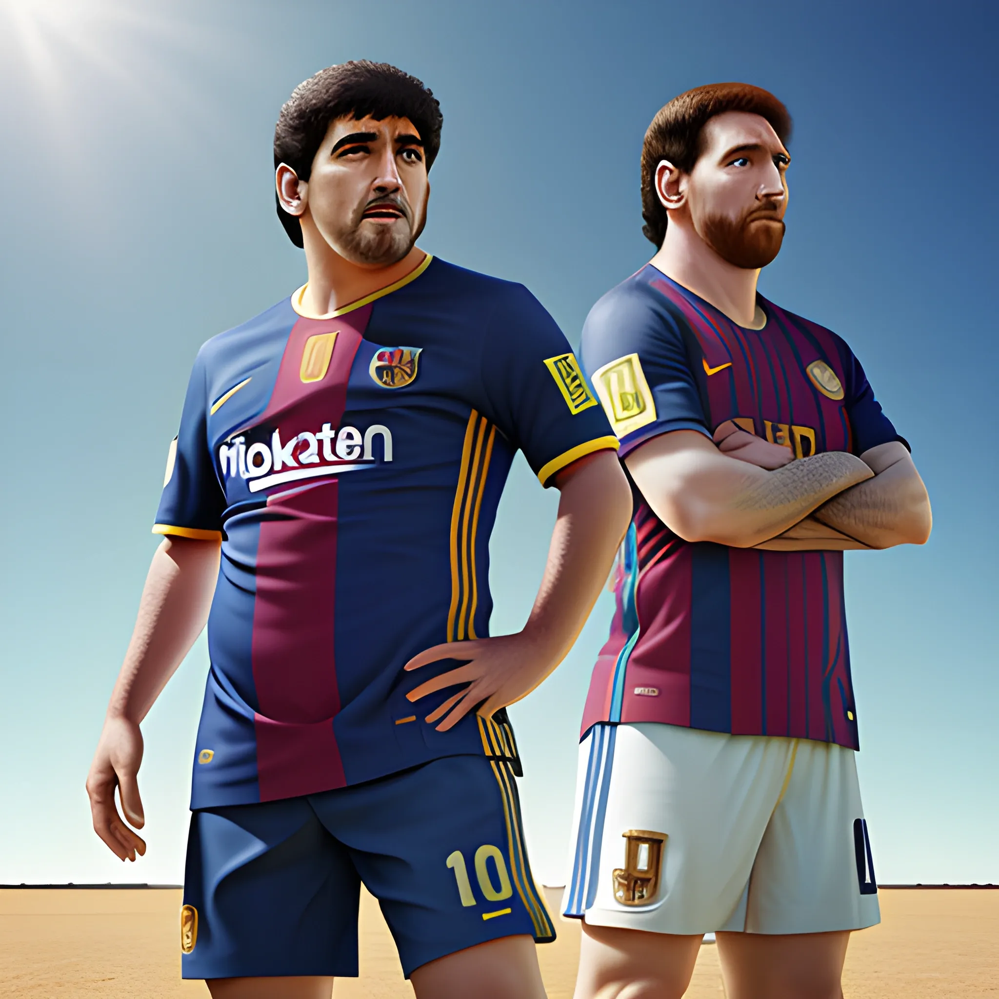 photorealistic image, hi res, 8k of Maradona and Messi morphing, looking to heaven over the sun, sunny day, full body, 