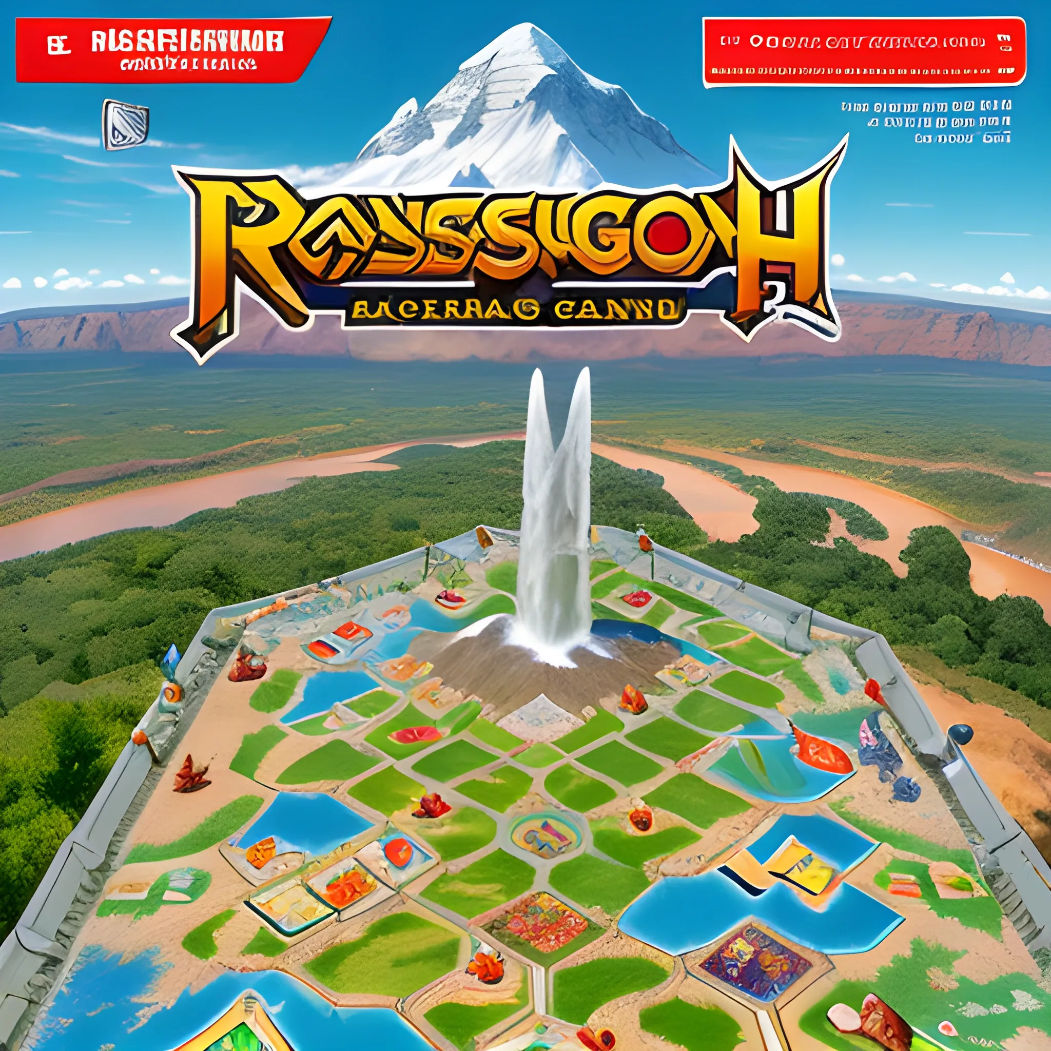 High definition illustration for the cover of a games magazine, print and play board games, Argentina, role-playing games, strategy, culture, childhood, adults, Carcassonne board game with content expansion on Argentina. Iguazu Falls tokens and cards, Monument to the Rosario flag, Aconcagua, Quebrada de Humahuaca.