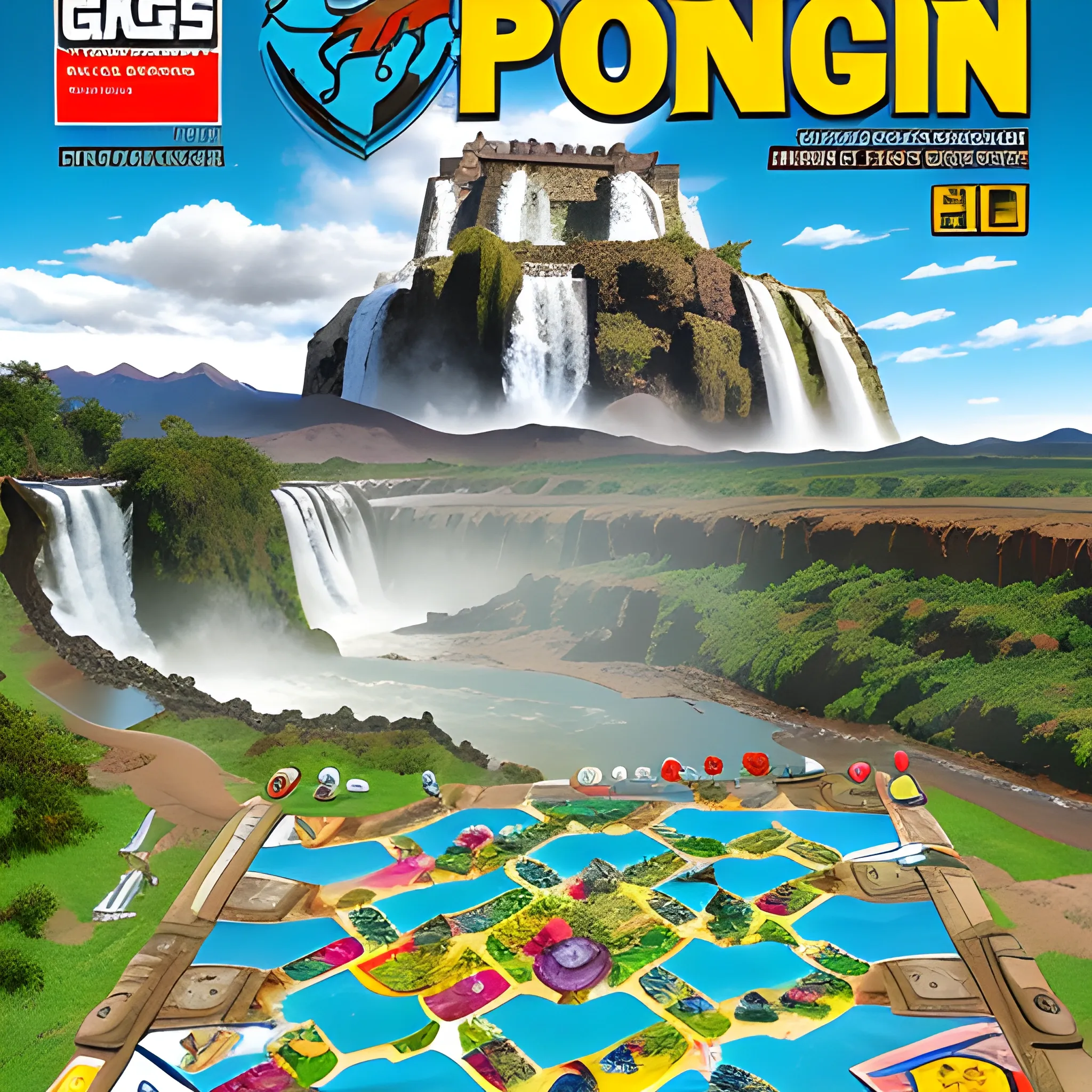 High definition illustration for the cover of a games magazine, print and play board games, Argentina, role-playing games, strategy, culture, childhood, adults, Carcassonne board game with content expansion on Argentina. Iguazu Falls tokens and cards, Monument to the Rosario flag, Aconcagua, Quebrada de Humahuaca.