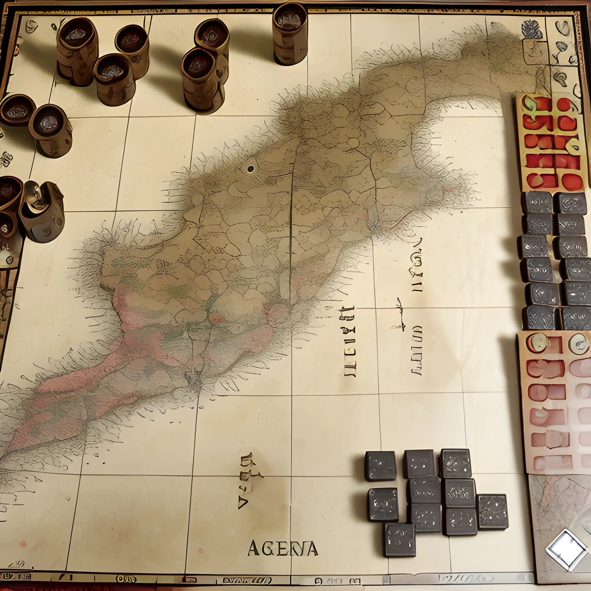 Board game board with a strategic map of Argentina in the year 1812, perspective camera. On the map are game cards, and miniature war game horse grenadier tokens. The tokens are positioned to cross the Andes into Chile. On the Chilean side there are miniature pieces of the royalist army of Spain.