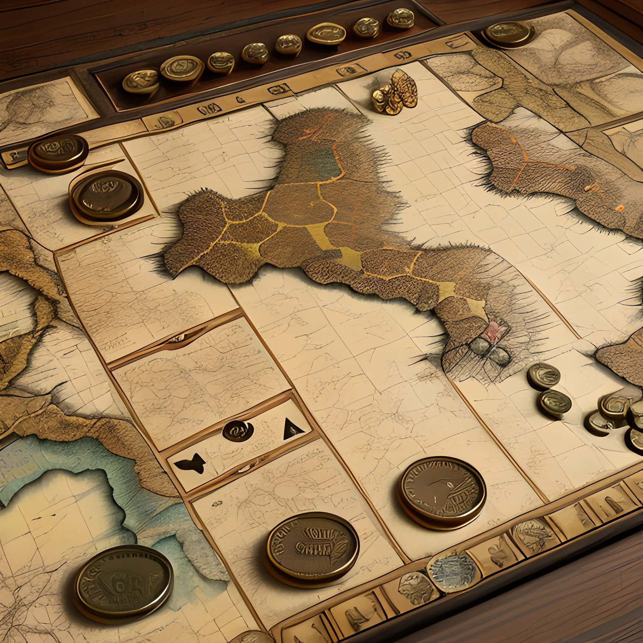 Conceptual image of 19th century military strategy board game based on Argentina. Continental map, strategic resources, army unit tokens, gold coins. High detail, high definition, cinematic scene.
