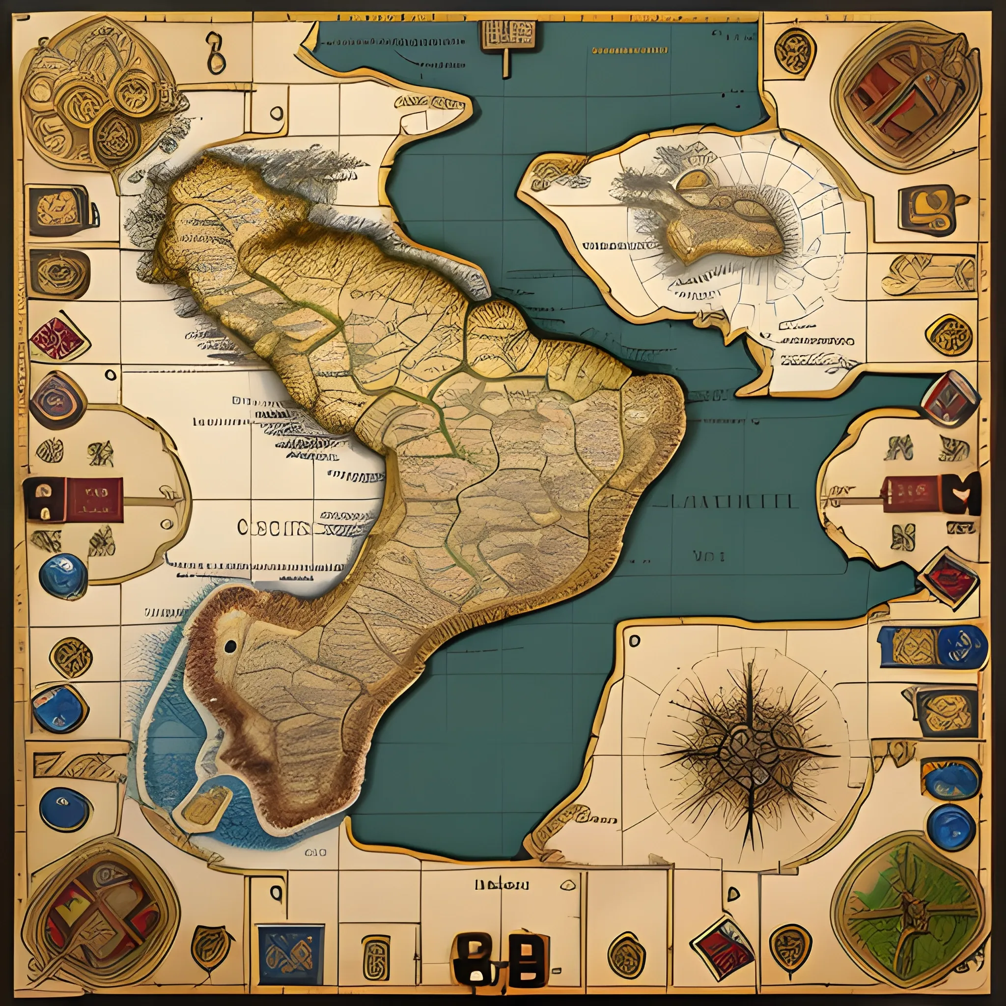 Conceptual image of 19th century military strategy board game based on South America. Continental map, strategic resources, army unit tokens, gold coins. High detail, high definition, cinematic scene. Add two scissors, a glue, two six-sided dice, and two 10-sided dice to the scene.