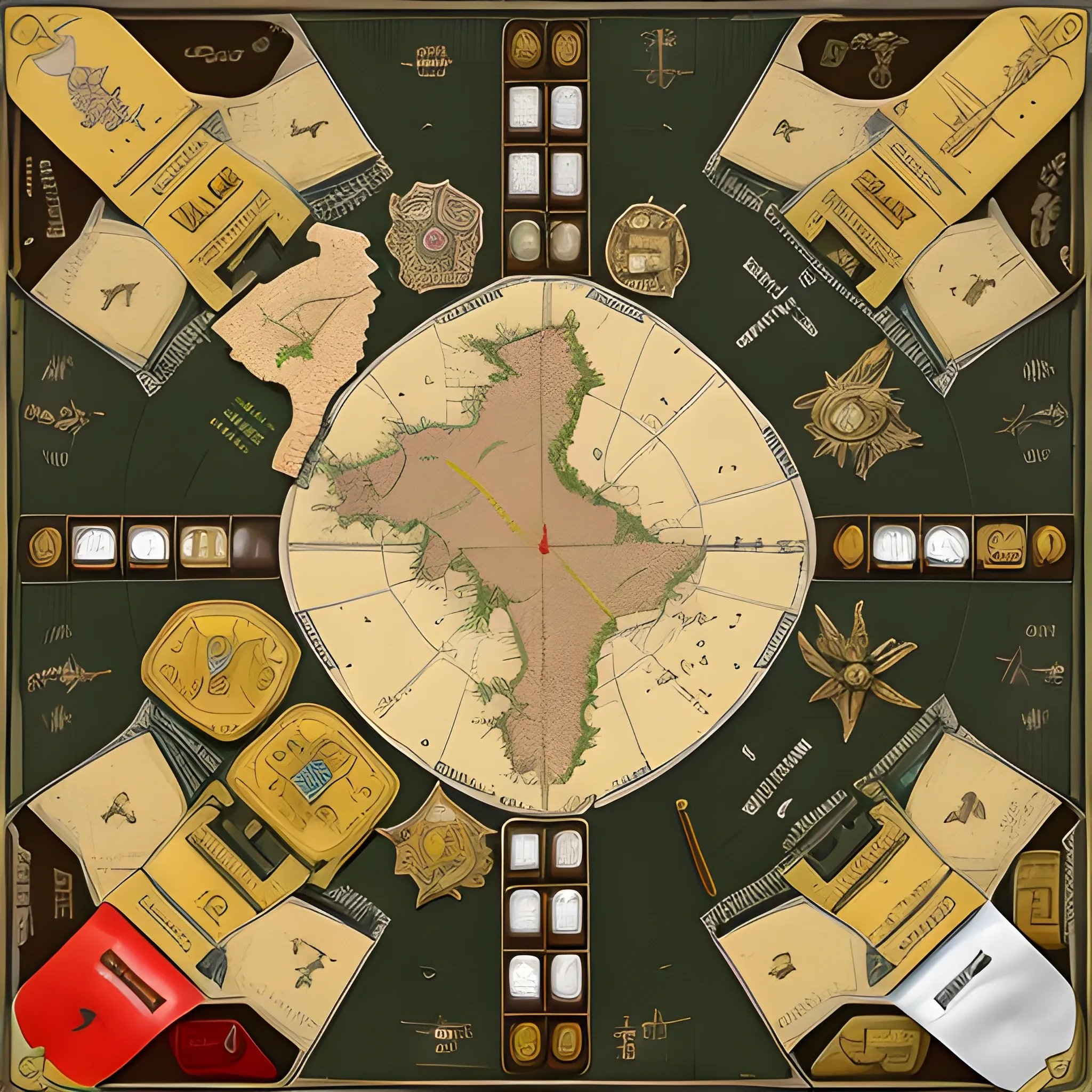 Conceptual image of a military strategy board game based on Argentina. Continental map, strategic resources, army unit tokens, gold coins. Highly detailed, high definition, Disney-style movie scene. Add two scissors, a glue, two six-sided dice, and two 10-sided dice to the scene.