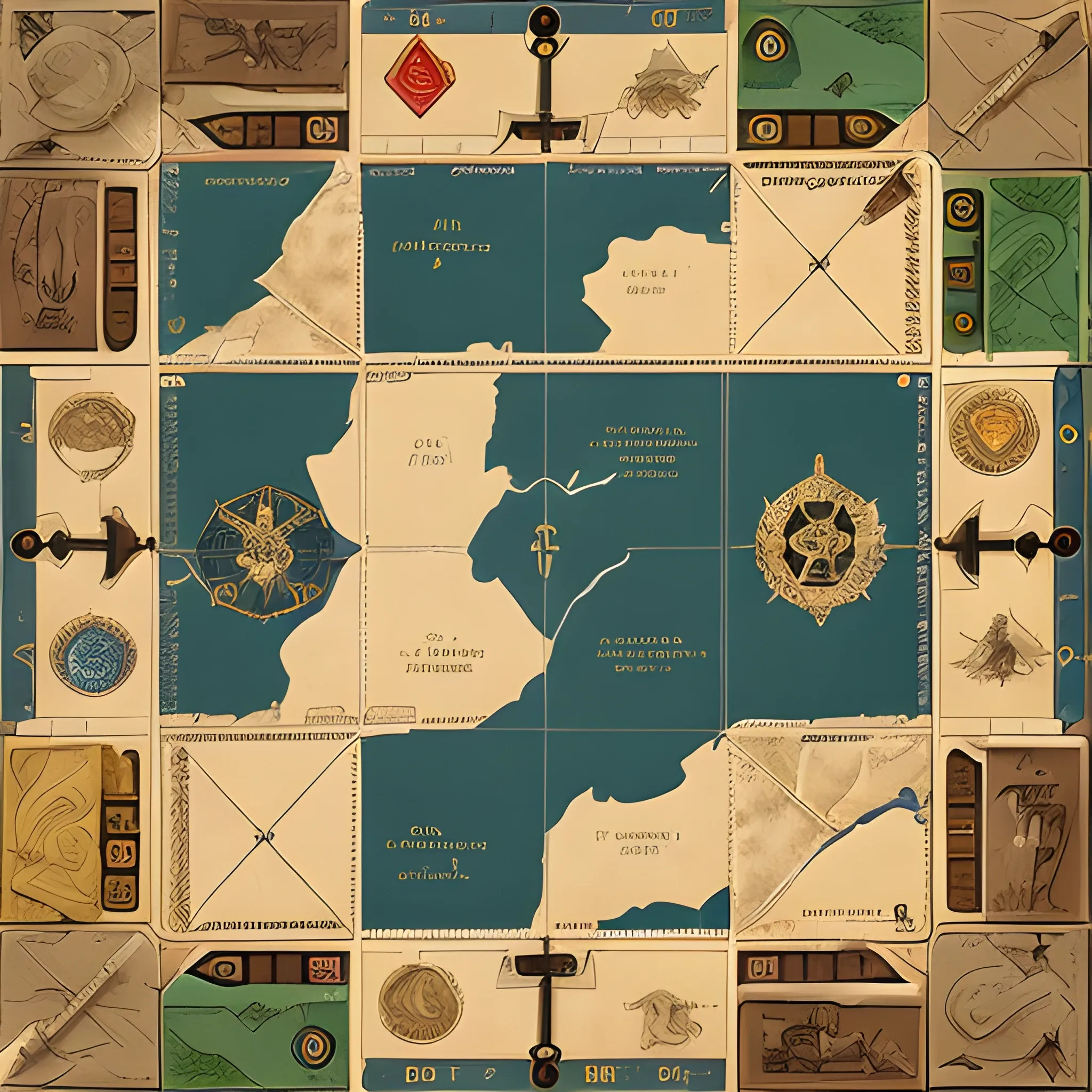 Conceptual image of a print and play version of a military strategy board game based in Argentina. Continental map, strategic resources, army unit tokens, gold coins. Highly detailed, high definition, Disney-style movie scene with 2 scissors, a glue, 2 six-sided dice and 2 10-sided dice.