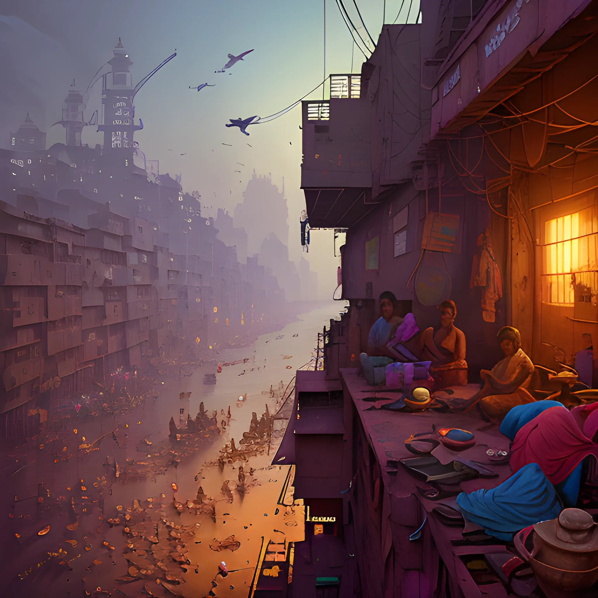 Mumbai slum, shantytown, by alejandro jodorowsky, beeple and james gilleard and justin gerard, ornate, smooth, sharp focus, 3d, best quality, masterpiece, detailed texture, ultra high res, photorealistic, intricate details, colorful, rich color, dramatic lighting, cinematic