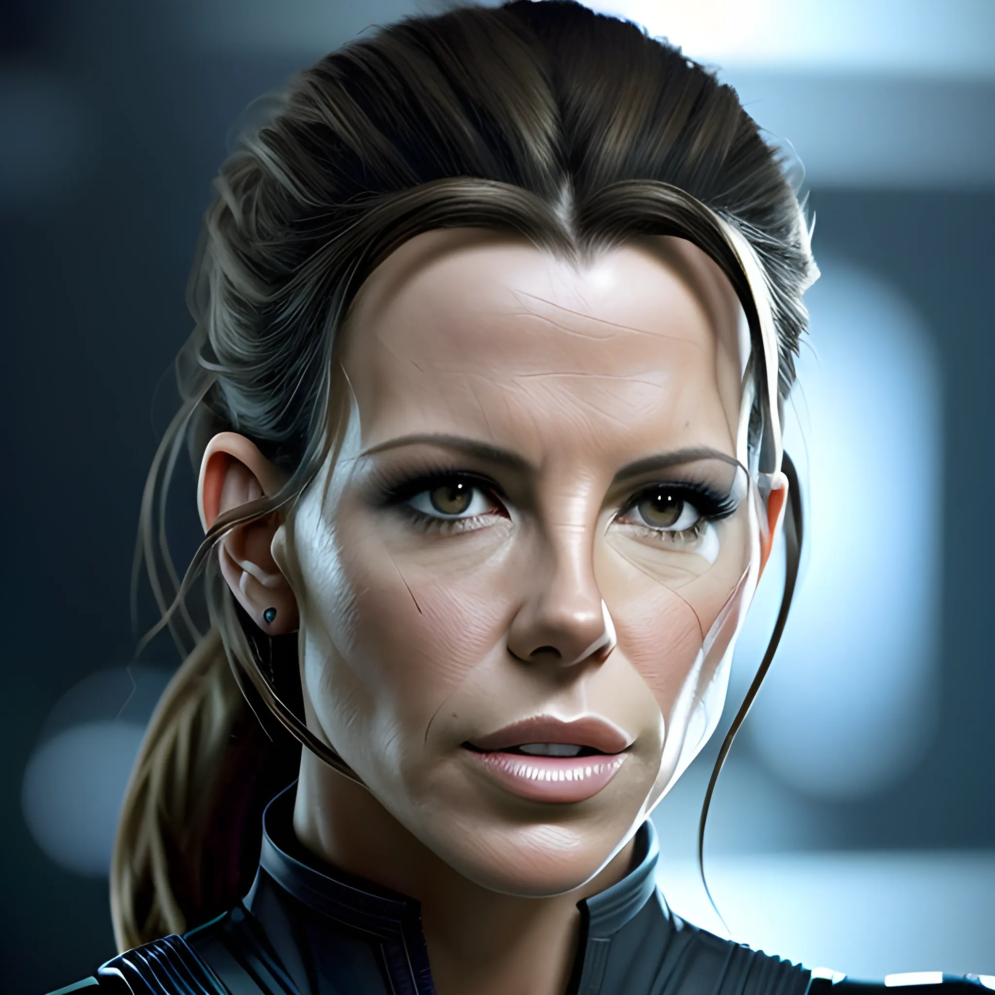 A medium shot of Kate Beckinsale half human and half Terminator T-800, super realistic photo, high definition 8k, movie scene