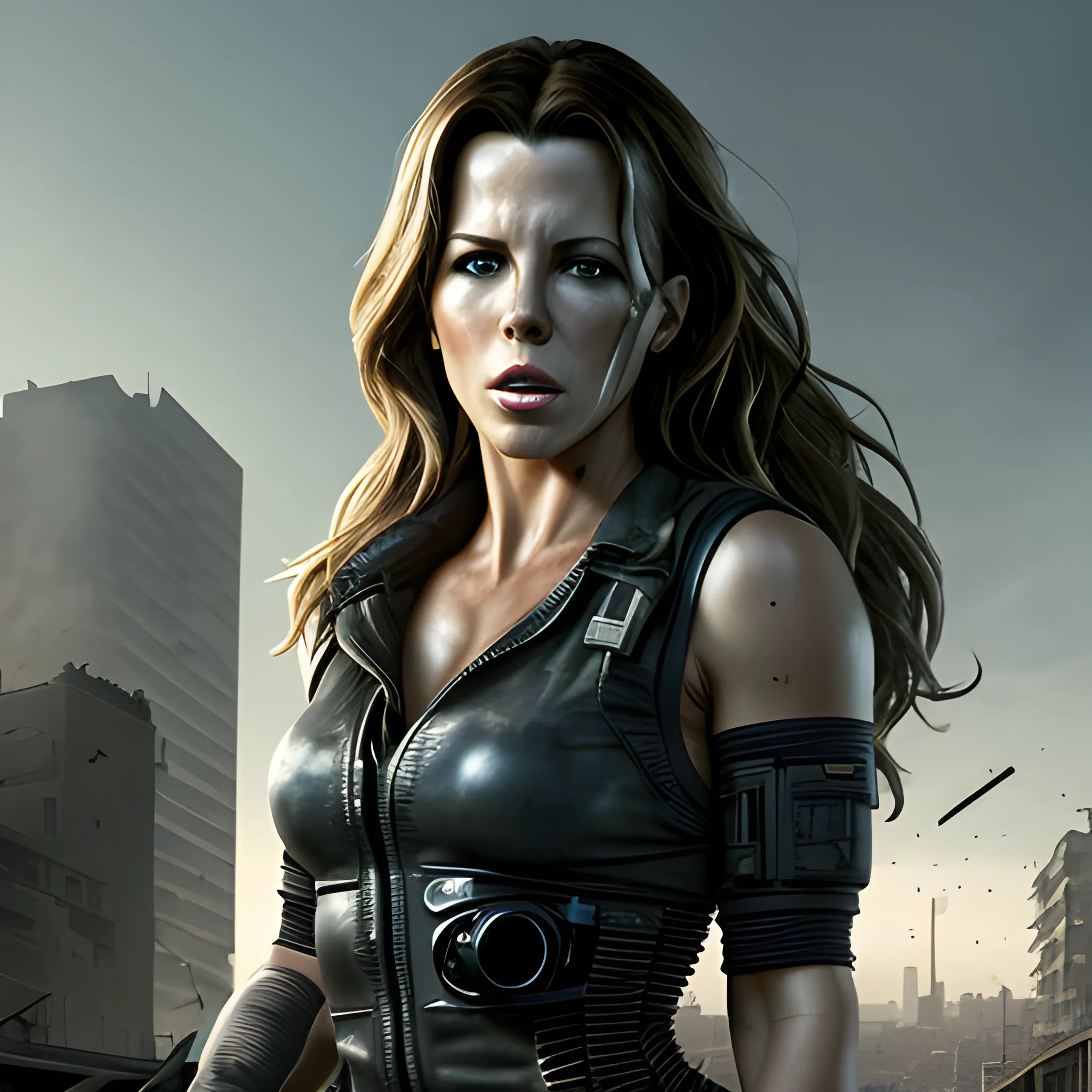 A full shot of Kate Beckinsale impersonating Sarah Connor and facing a damaged body Terminator T-800, super realistic photo, 8k high definition, cinematic scene of post apocalyptic Buenos Aires city after doomsday.