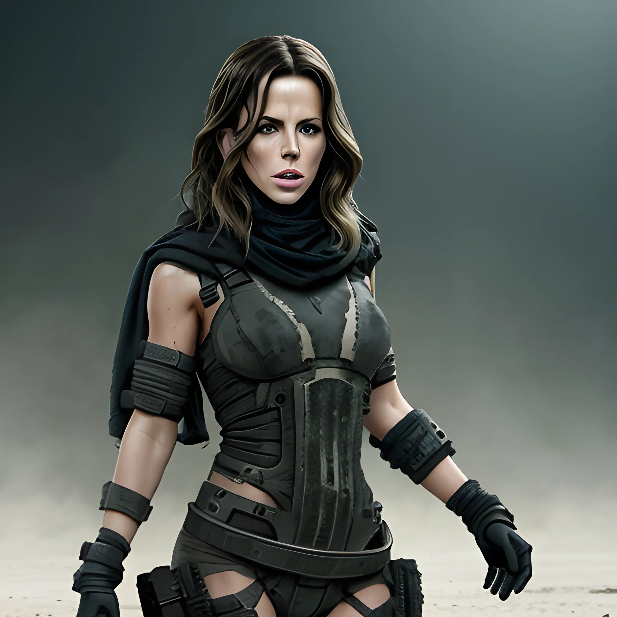 A full shot of Kate Beckinsale in post apocalyptic terrorist gear with a flat background for chroma key. Super realistic photo, high definition, 4k, high detail.