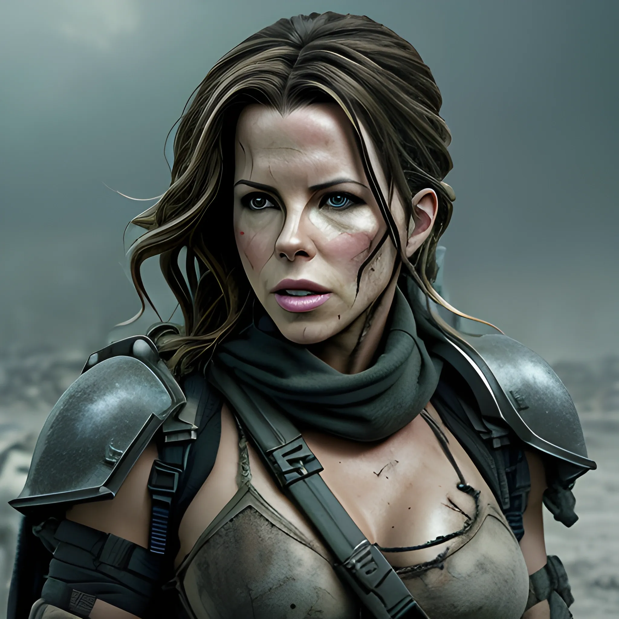 A full shot of Kate Beckinsale in post apocalyptic terrorist gear with a flat background for chroma key. Super realistic photo, high definition, 4k, high detail.