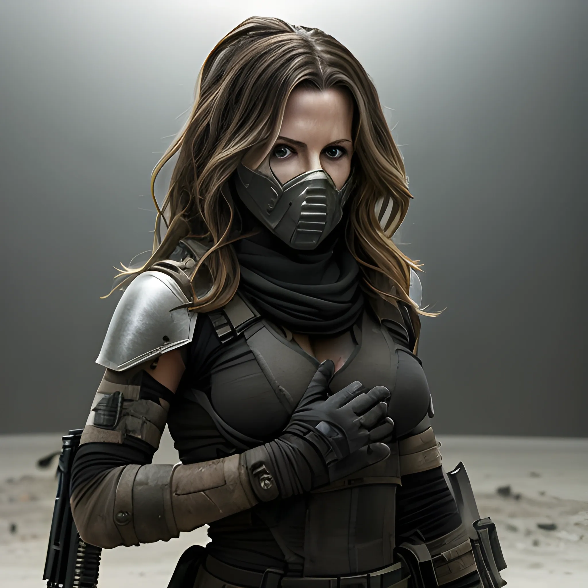 A full shot of Kate Beckinsale in post apocalyptic terrorist gear with a flat background for chroma key. Super realistic photo, high definition, 4k, high detail.